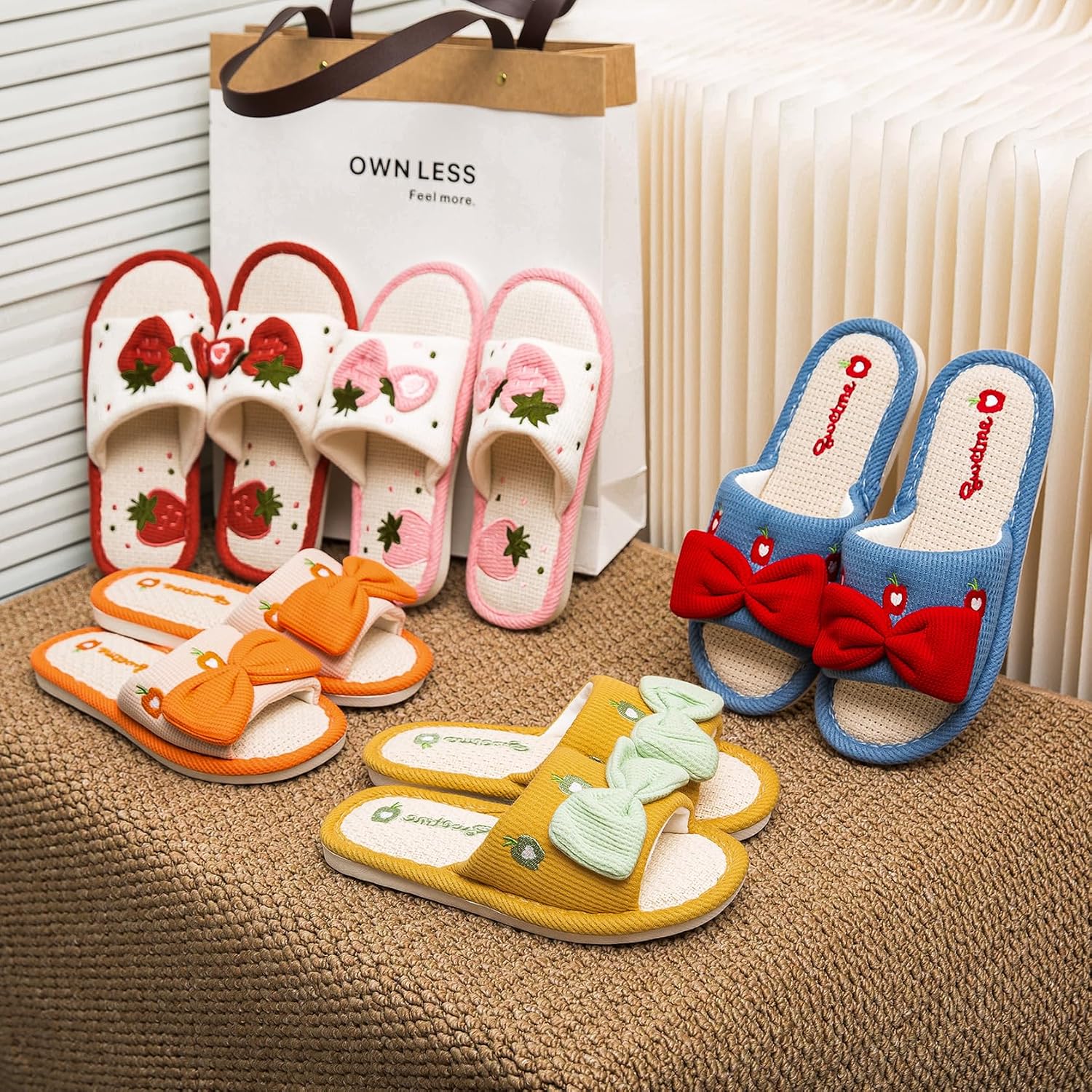 Linen House Slippers Indoor Open Toe Slides Bedroom Lightweight Stawberry Slippers Non Slip For Women Comfort Shoes