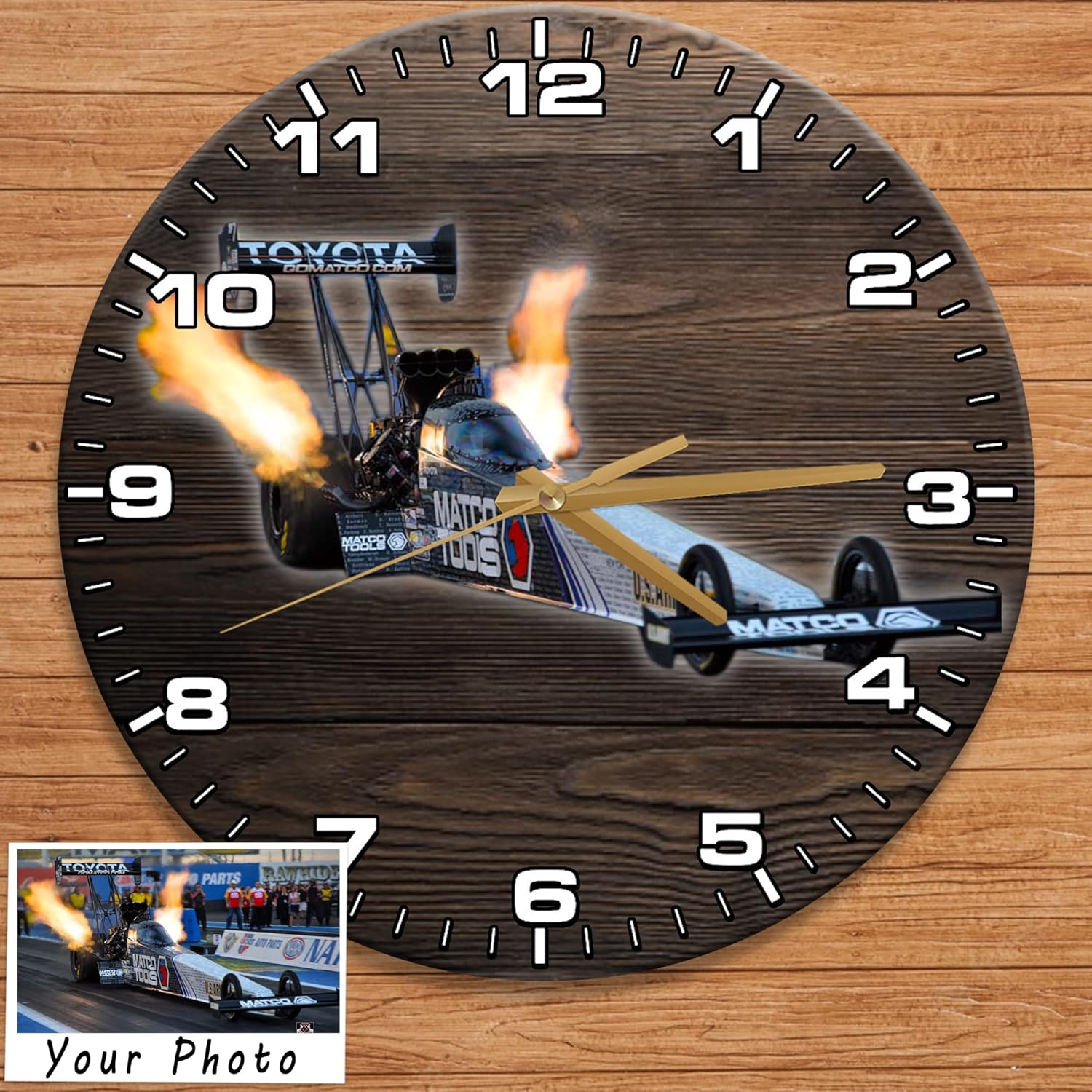 Personalized Photo Wall Clock for Drag Racing Dragster Lovers, 12 Inch Wooden Round Clock, Drag Racing Home Decor, Drag Racing Xmas Gift, Gifts for Dragster, pro Stock, Funny car.