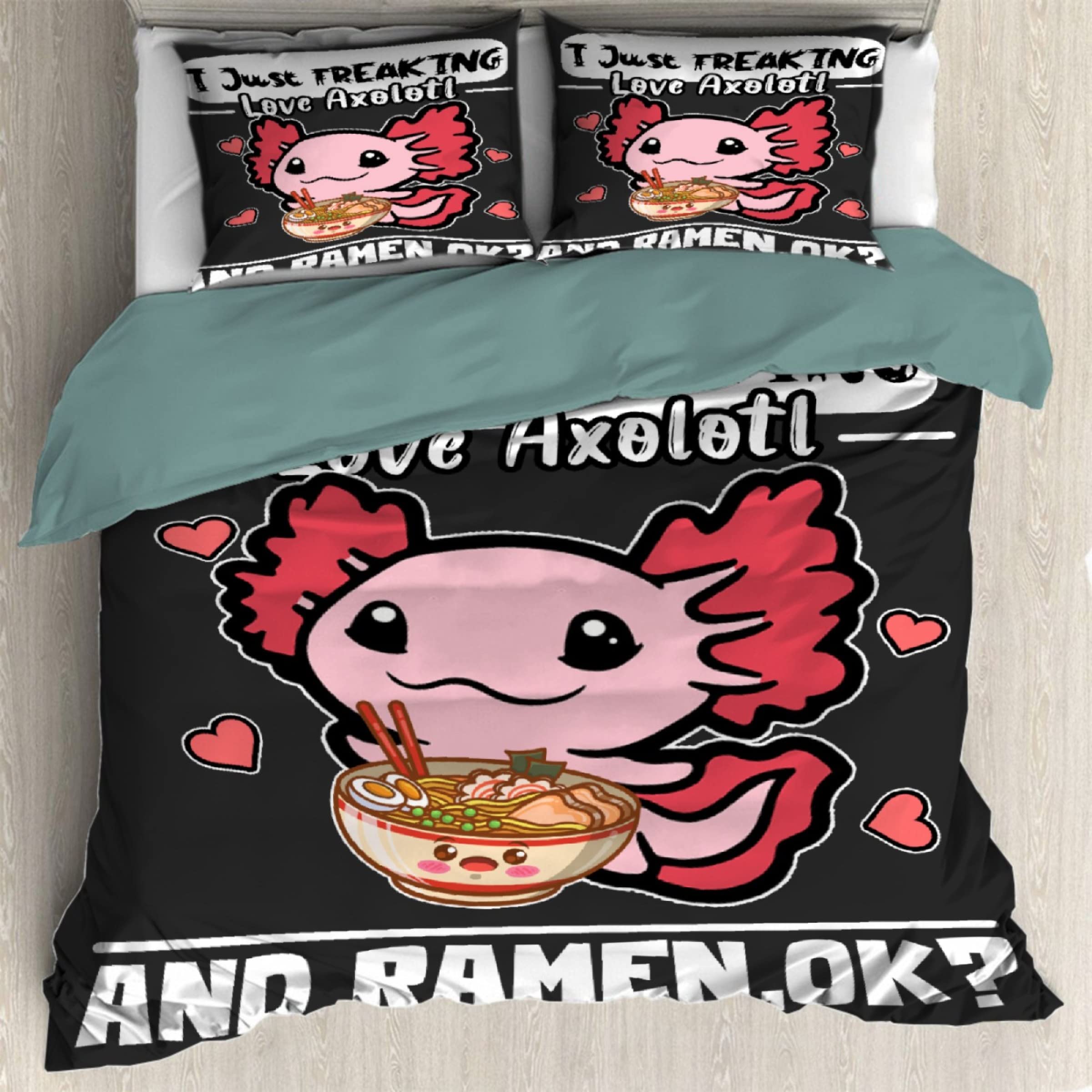 Ottoy Freaking Love Axolotl and Ramen Lightweight Comfortable 3 Pieces Duvet Cover Luxury Soft Bedding Quilt Set with Pillow Shams Full/Queen Size(No Comforter) 104