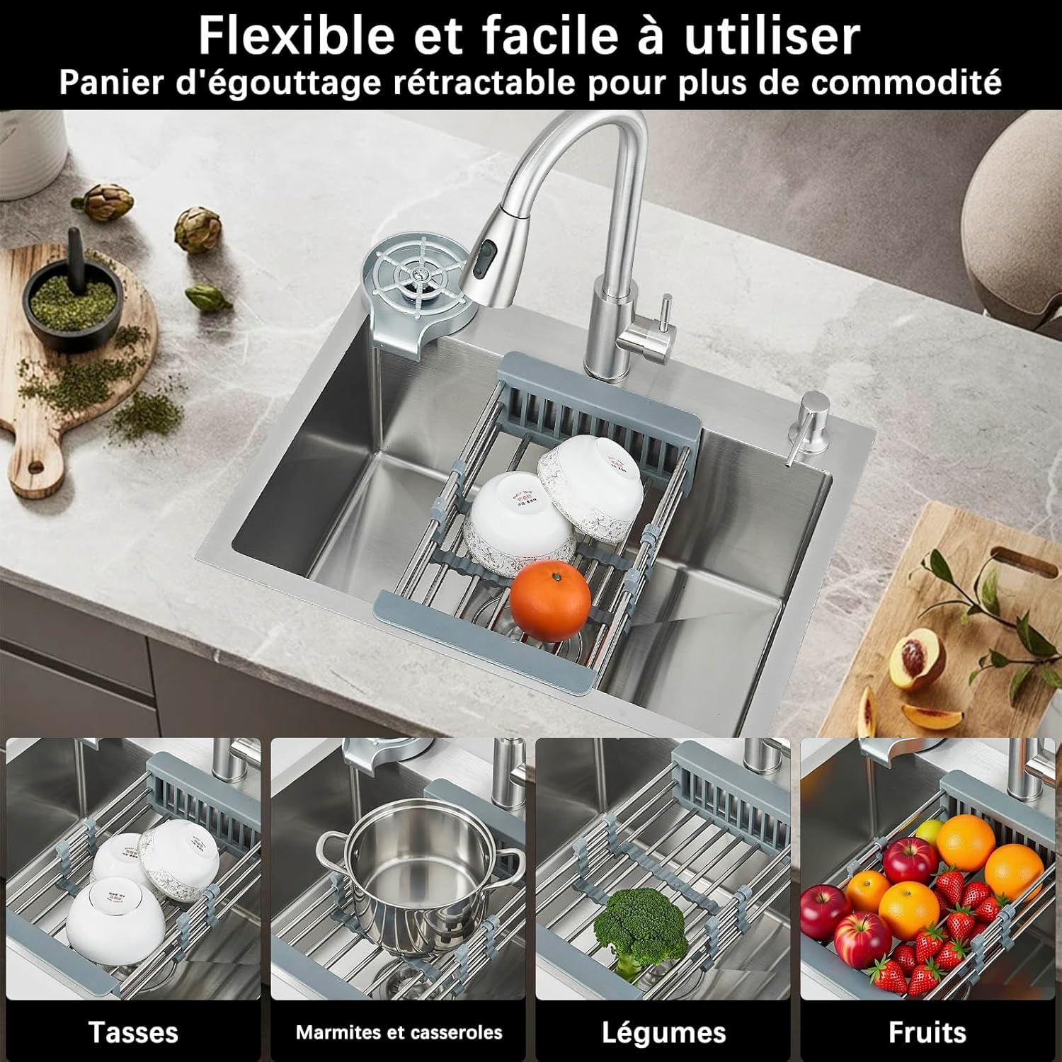 Evier de Cuisine Brossé 1 Bac 60x45 CM, avec Robinet Extensible, Distributeur de Savon et Lave-gobelet, Kit de Plomberie Complet
