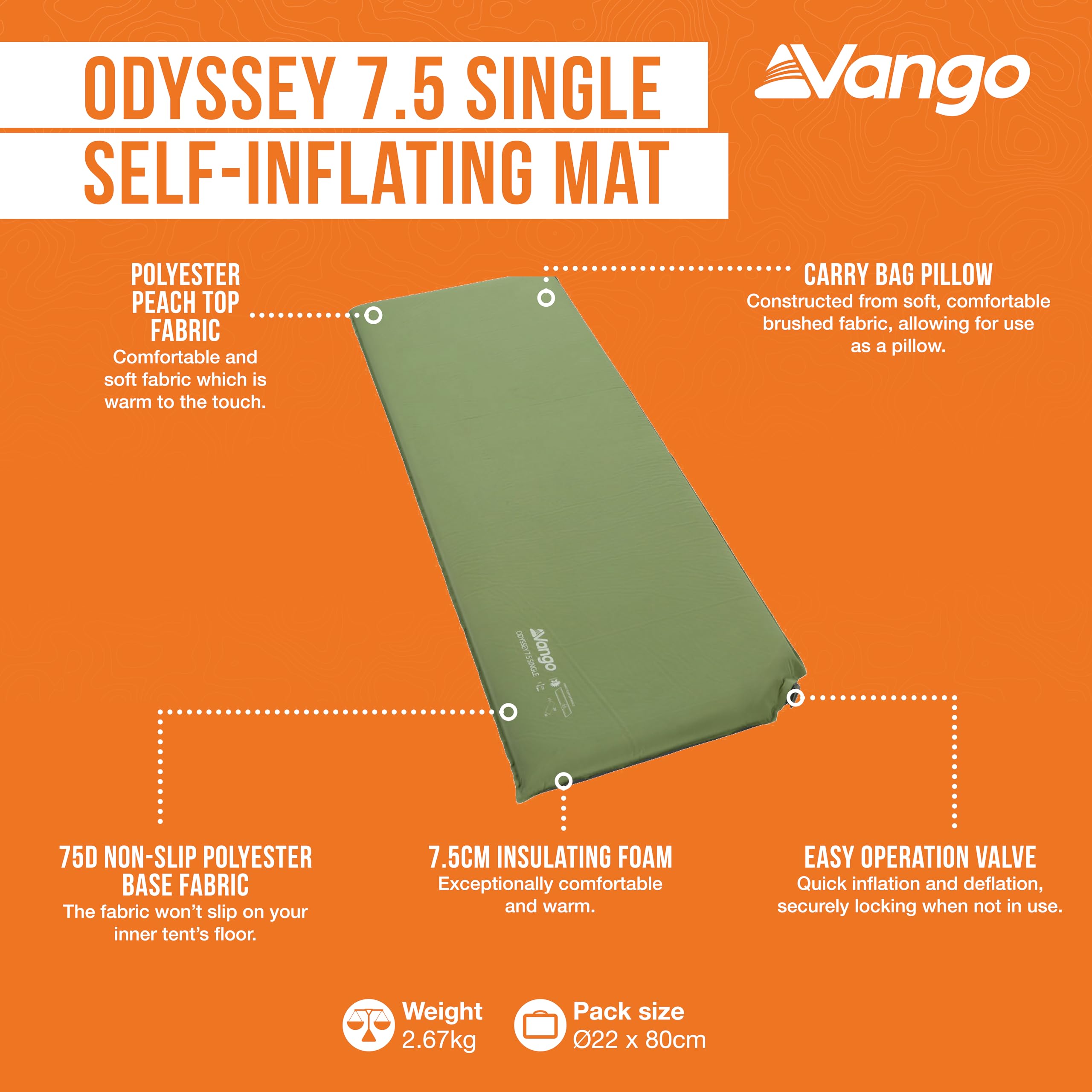 Vango Odyssey 7,5 pojedyncza samopompująca mata do spania, Epsom Green [Wyłącznie w Amazon]