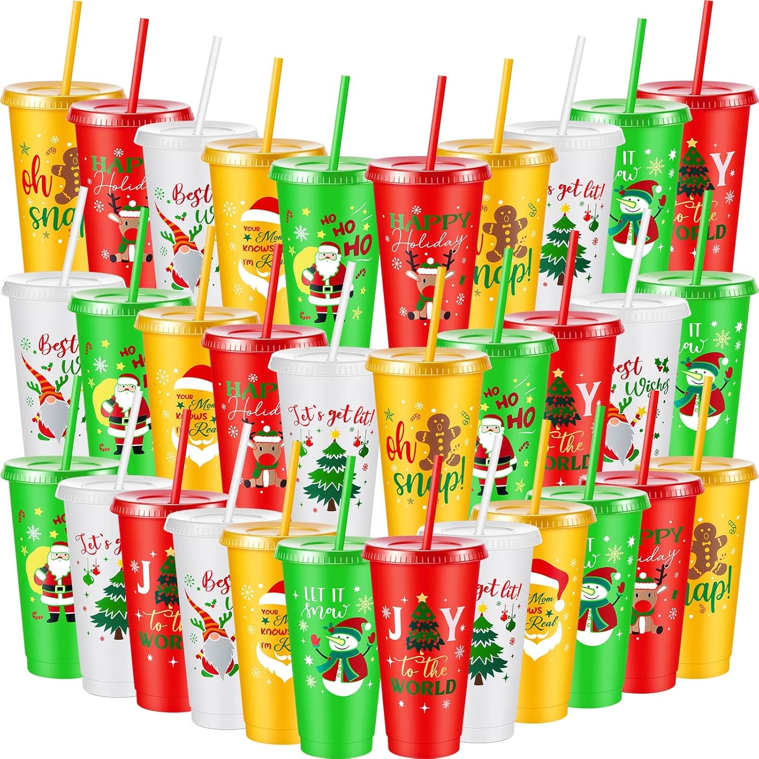 32 Pcs Christmas Plastic Tumbler with Lids and Straws 24 oz Reusable Christmas Party Cups Xmas Plastic Drinking Cups for Xmas Party Supplies
