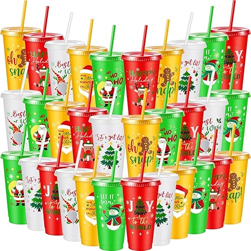 32 vasos de plástico de Navidad a granel con tapas y pajitas de 24 onzas, vasos reutilizables para fiestas de Navidad, vasos de plástico para niños