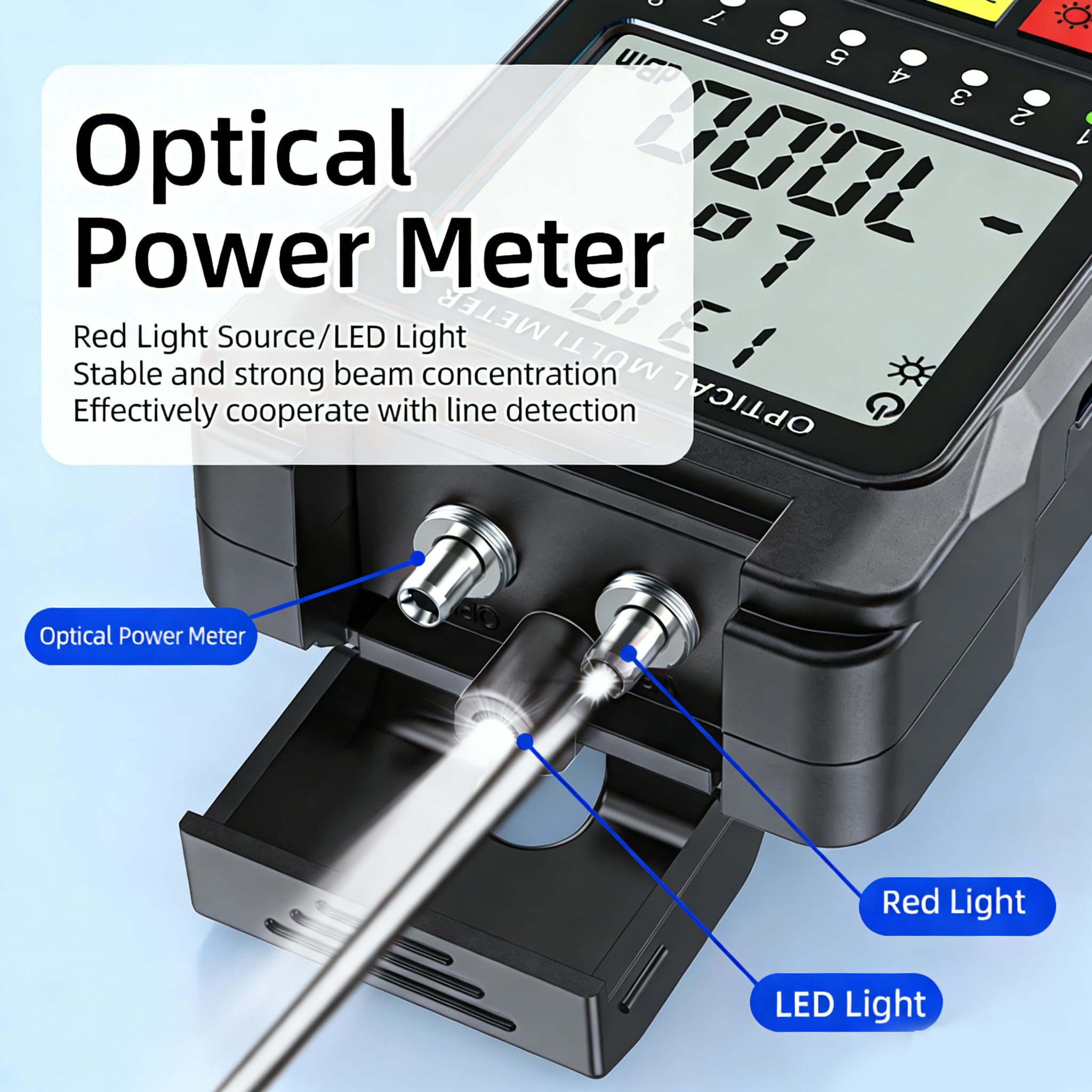 Probador de Cable de Fibra Óptica 5 en 1 Portátil con Medidor de Potencia Óptica, Localizador de Cables, Localizador Visual de Fallos y Test RJ45 - Interfaz Universal SC/FC/ST