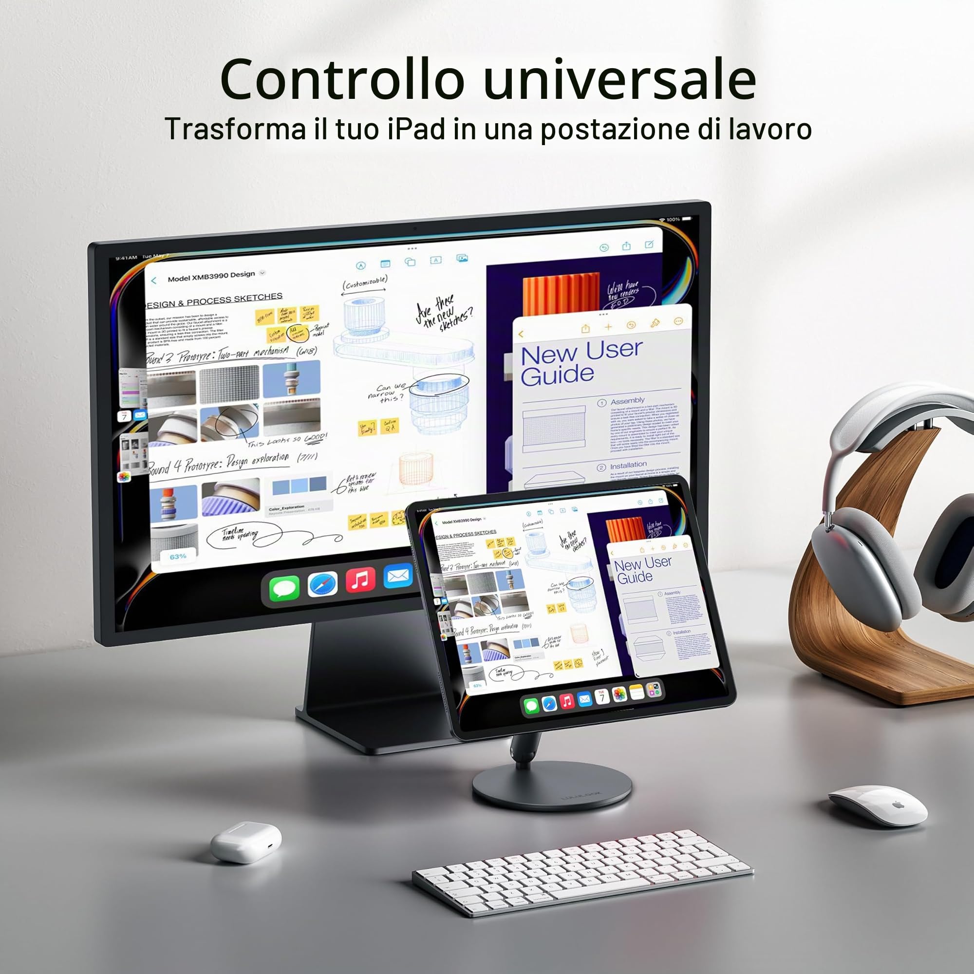 LULULOOK Supporto Magnetico per iPad Pro 13" M4 13" M5, Lega di Alluminio, Sospensione, Pieghevole e Regolabile, con Base Girevole a 360°, Supporto Ipad, Supporto Tablet per Ufficio (Grigio)