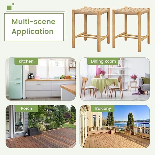 Miniatura 8 de Giantex Juego de 2 taburetes de madera, sillas bohemias sin espalda de 18 pulgadas de alto con patas de madera de goma, carga máxima de 330 libras,