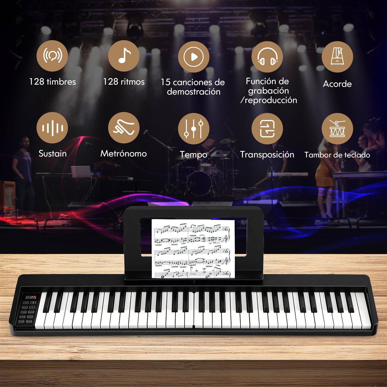 COSTWAY Teclado de Piano Plegable de 61 Teclas, Piano Eléctrico Portátil con Teclas de Tamaño Completo, Atril, Pedal de Sustain, MIDI, Bolsa para Piano, para Adolescentes y Adultos