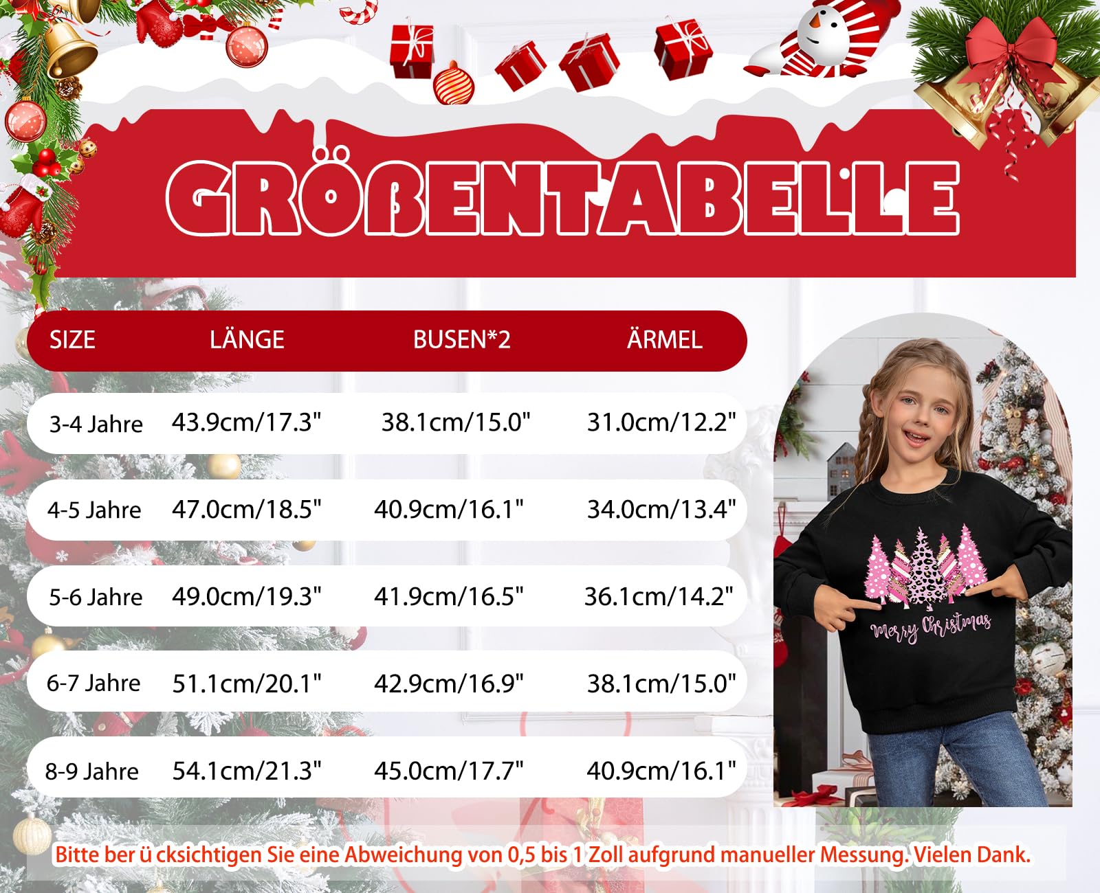 tiorhooe Weihnachtspullover Kinder Weihnachtsbaum Sweatshirt Xmas Pullover Langarmshirt 3-9 Jahre