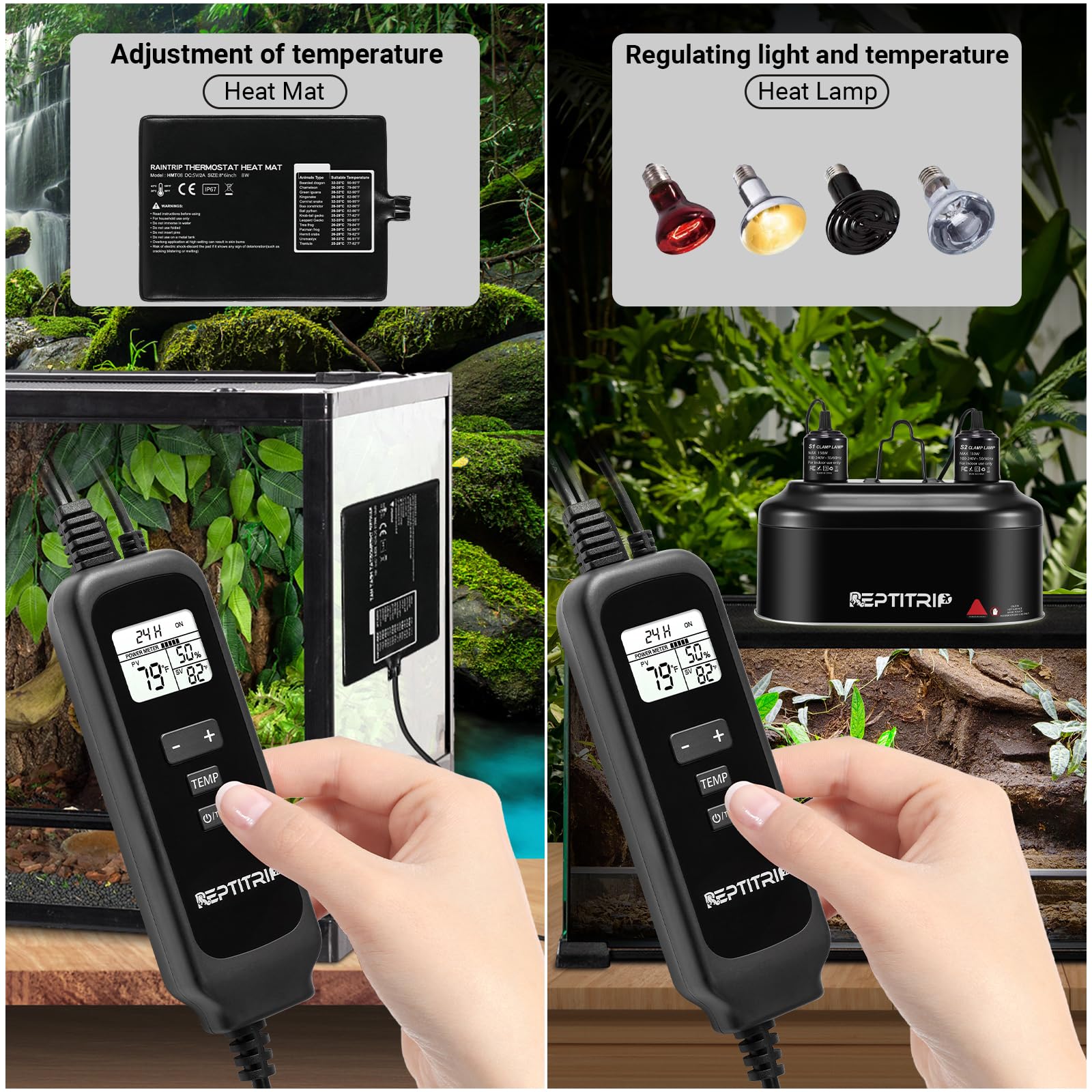 REPTITRIP Reptilien-Dimm-Thermostat mit Temperatursonde, Thermostat für Reptilien-Wärmelampe, Heizkissen, PID-Temperaturregler, Unterstützung ℉/℃, Speicherfunktion