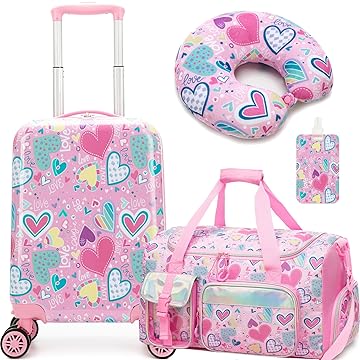 Conjunto de malas infantis de 3 peças, conjunto de malas rígidas de 40,6 cm, bagagem de viagem com rodinhas aprovada para meninas e meninos, A Love Pink, 16 inch
