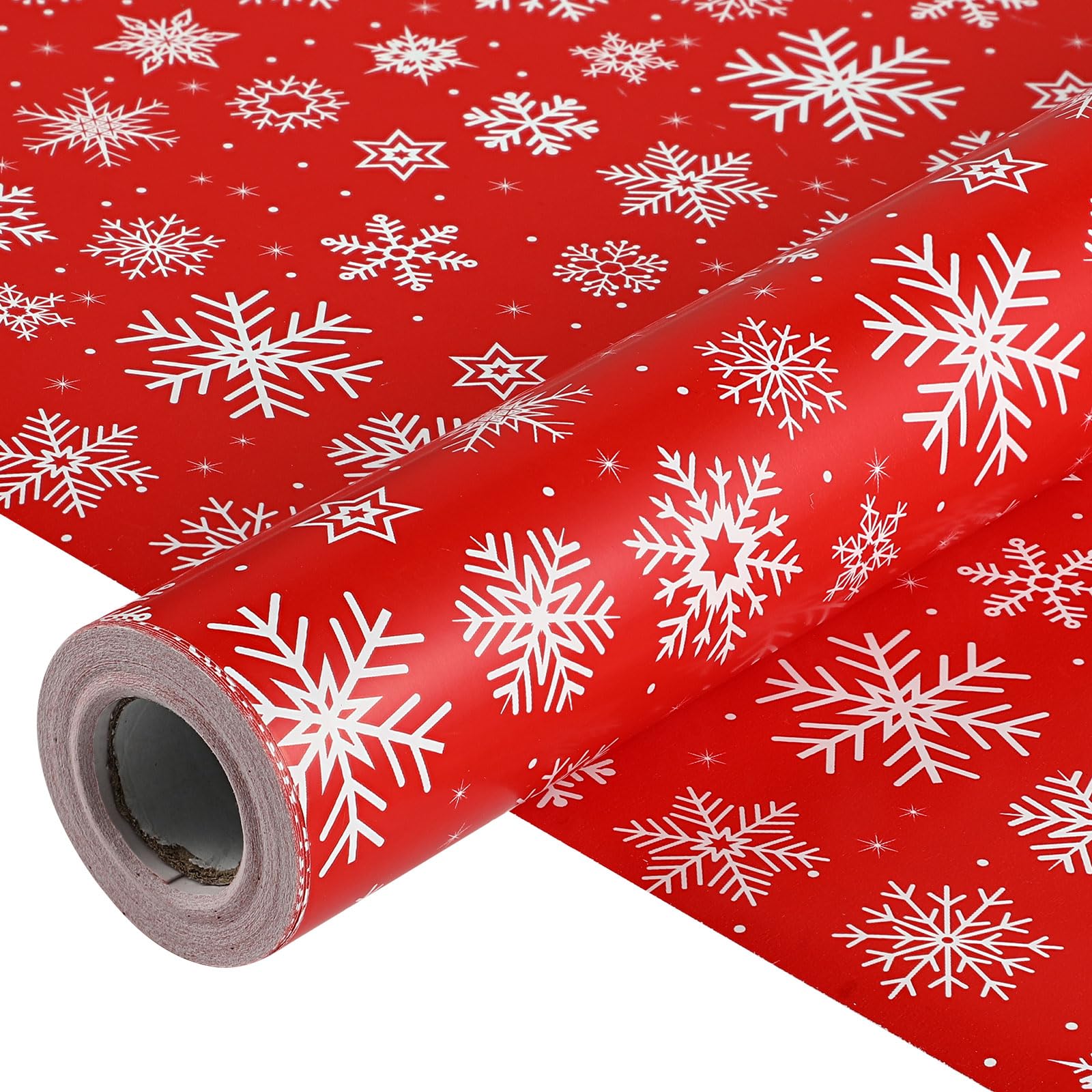 AmazingSpark Umkehrbares Weihnachts-Geschenkpapier, Jumbo-Rolle, weiße Schneeflocke, Rot, Geschenk-Set für Weihnachtszeit, Partygeschenk (68 cm x 25 m, Schneeflocken)