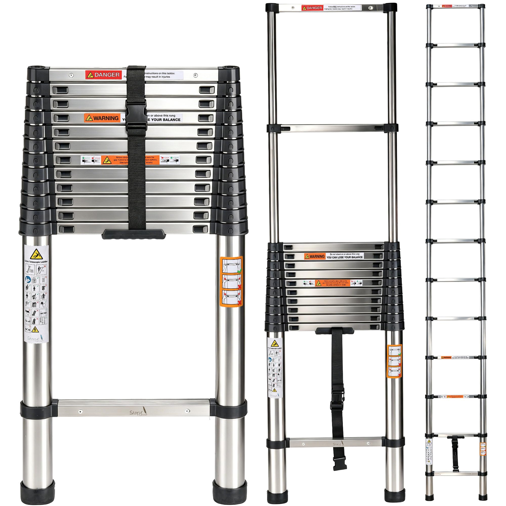 Story@Home 5.0m (16.5 feet) Portable & Compact Ultra-Stable Aluminium Finish Telescopic Ladder | 13-Steps Foldable Multipurpose Step Ladder for Home & Outdoor Use-image-28