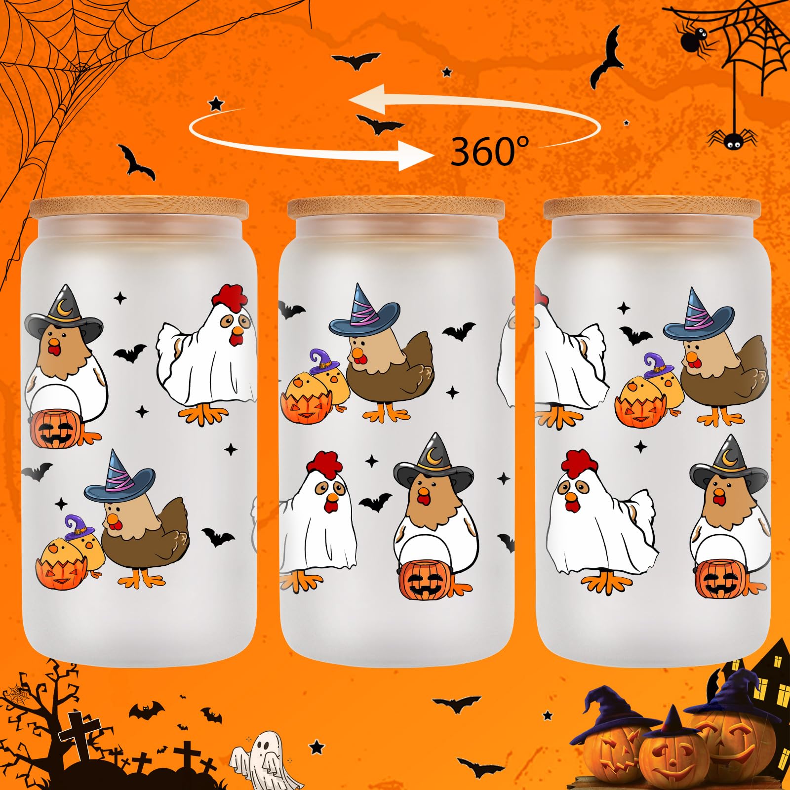 LEADO 16 oz Witch Chicken Cup, Halloween Glass Tumbler - Halloween Gifts for Women, Men, Adults - Boo Basket Stuffers, Spooky Gifts for Chicken Lovers, Teen Girls - Cute Glass Cup with Lid and Straw