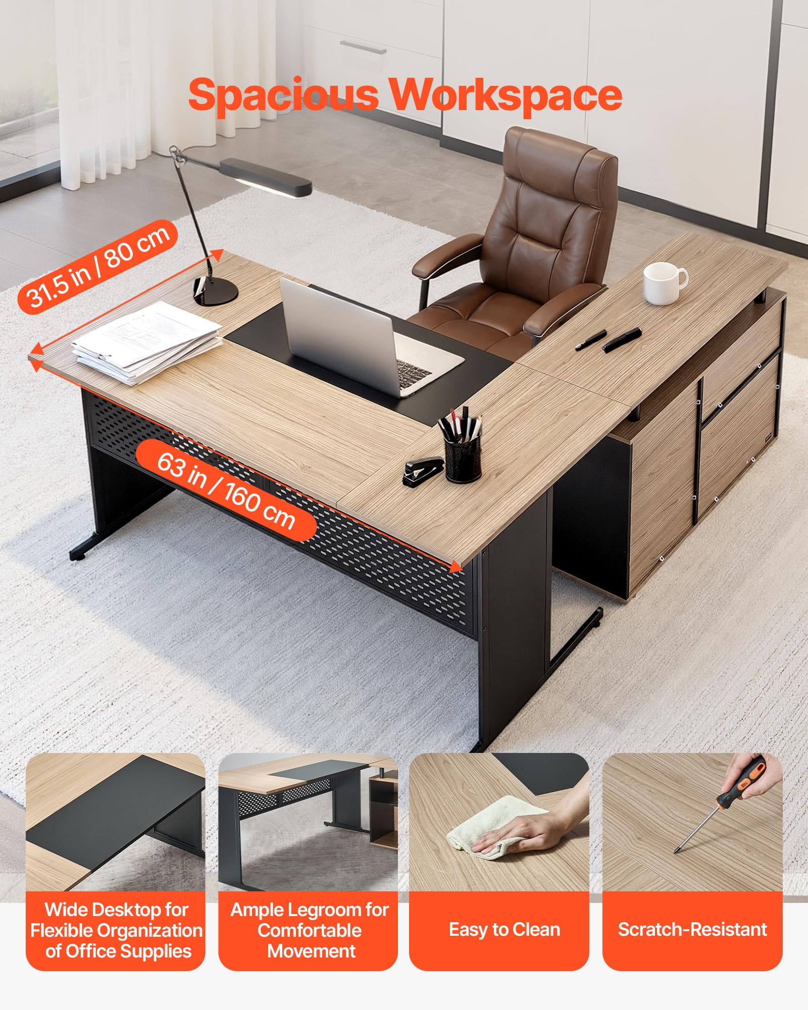 VEVOR Bureau de Direction en L, Charge de 158,7 kg, Bureau d'ordinateur Moderne et réversible avec tiroirs et Armoire de Rangement, Grande Table d'étude en Bois Robuste, pour Travail et écriture