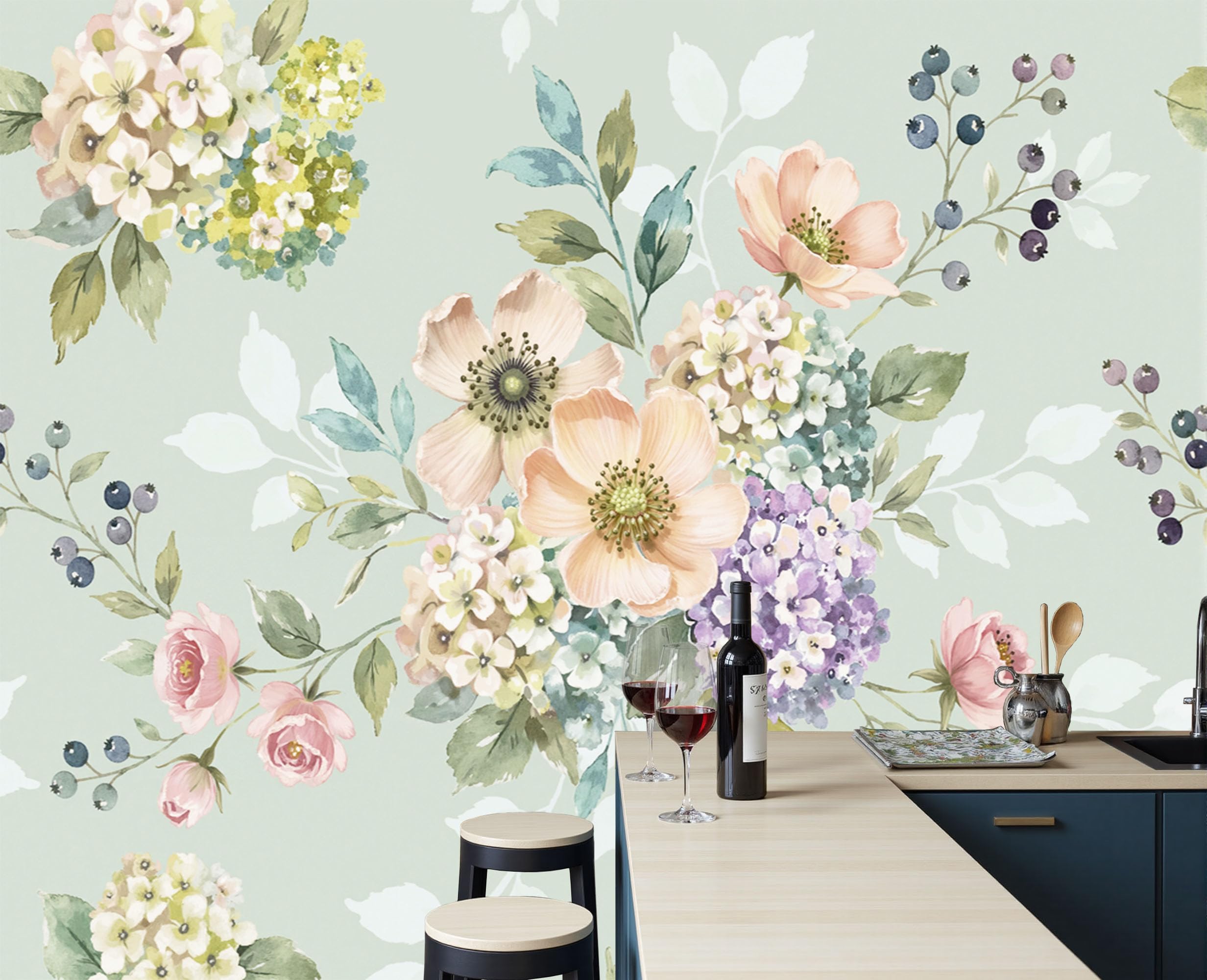 Papier peint panoramique intissé lessivable motif floral anémones pour mur de salon
