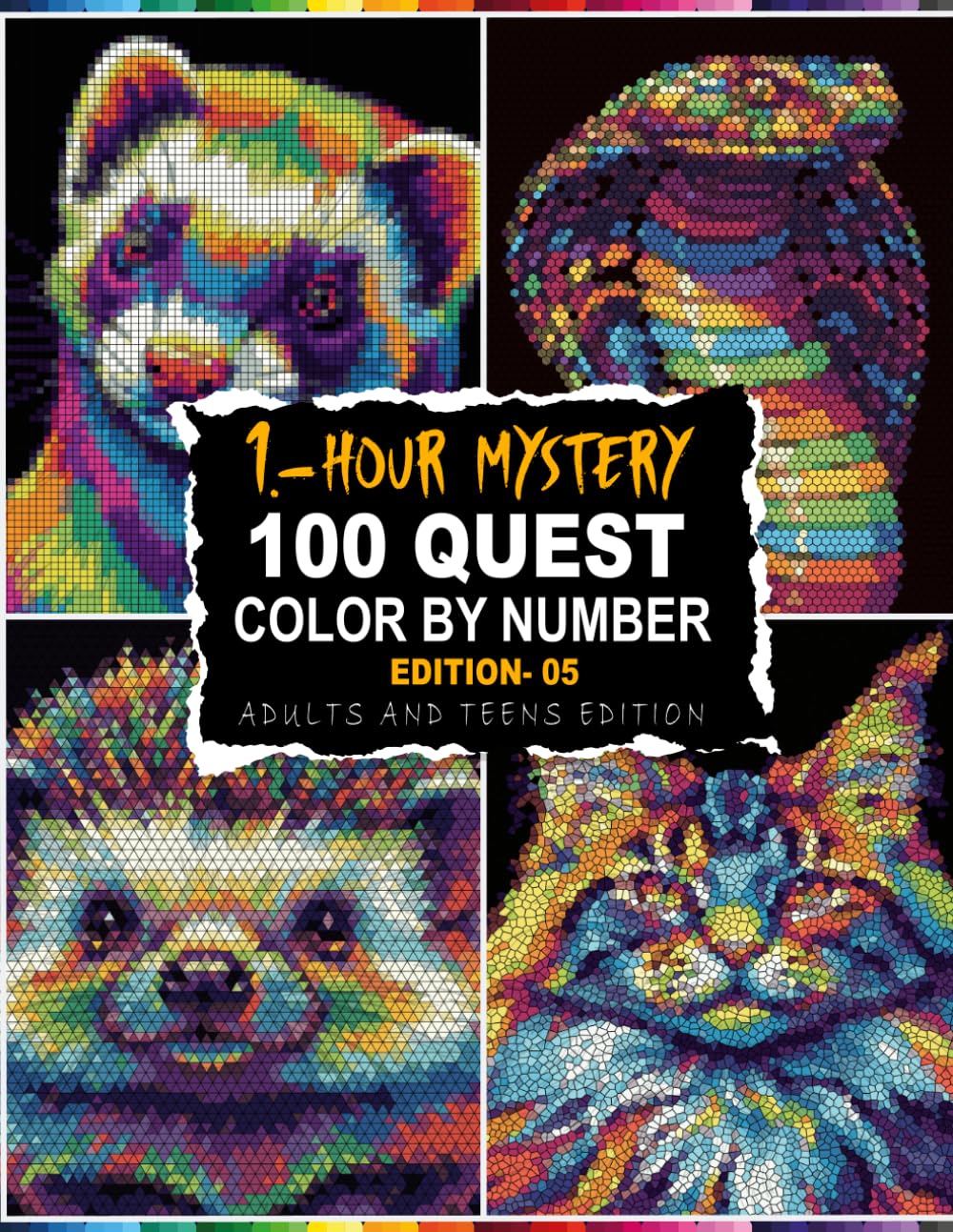 100 QUEST 1-HOUR MYSTERY MOSAIC: 100 Mystery Mosaic Animal Portraits with 5 Unique Shapes & Master Color Palette | 1-Hour Per Page Mindful Coloring for Adults and Teens