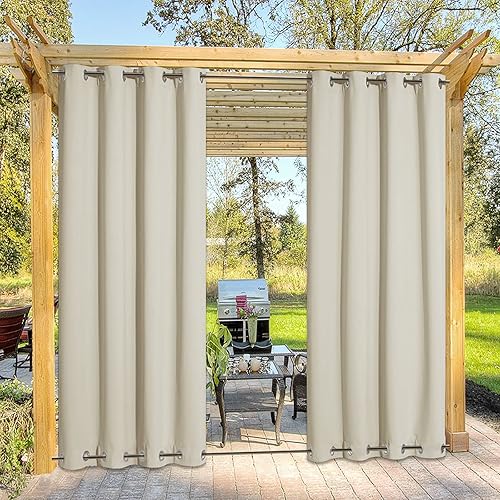 NICETOWN Cortina beige para exteriores impermeable para patio, bloque de luz solar, ojales inoxidables en la parte superior e inferior,