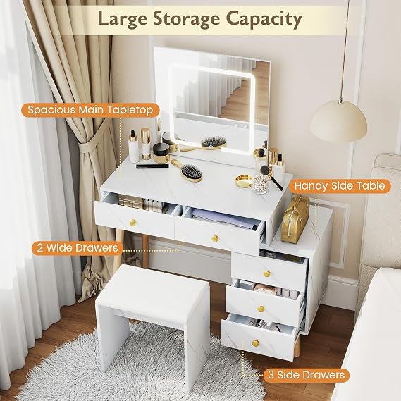COSTWAY Dressing Table with LED Mirror and Stool, Makeup Table Vanity Desk Set with 3 Lighting Modes, Adjustable Brightness, 5 Drawers, Side Cabinet & Solid Wood Legs for Bedroom, White Marble