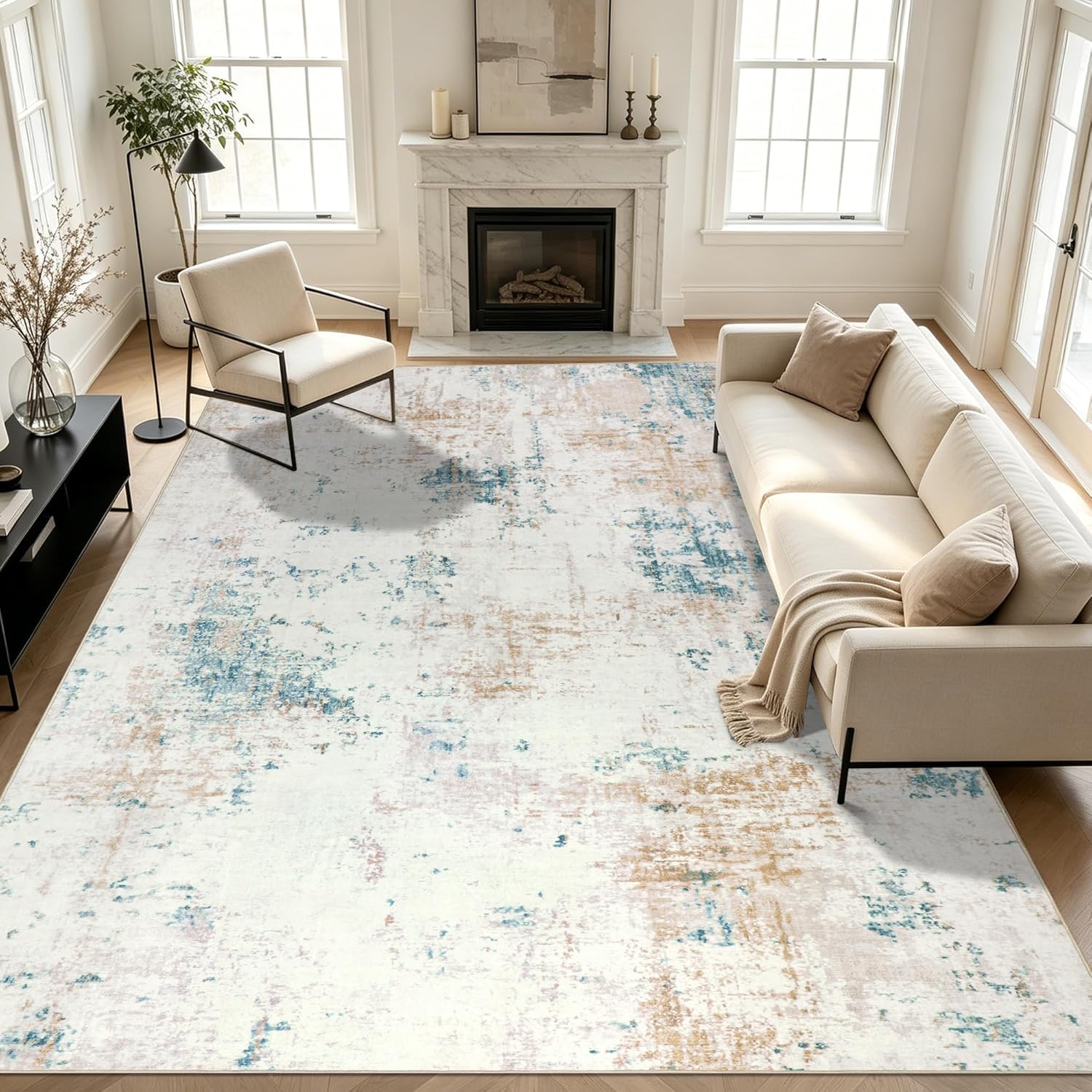 Homcomodar Tapis Salon Beige 160x230cm Facile à Nettoyer & Résistant aux Salissures - Tapis de Sol Doux Antidérapant pour Salon et Chambre