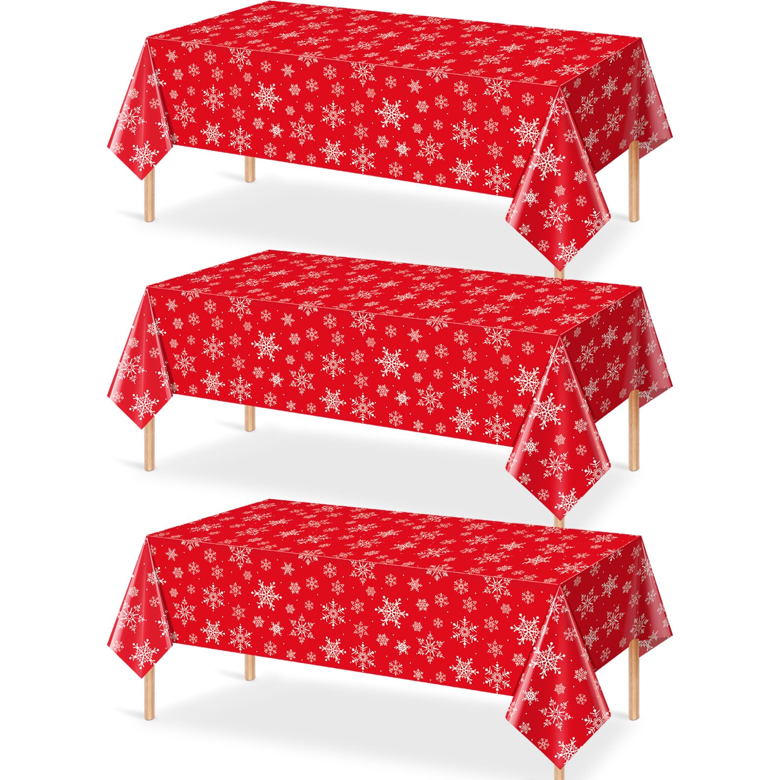 3 Pieces Christmas Snowflake Plastic Party Tablecloth Decorations,White Snowflake Red Xmas Backdrop Sign Table Cover Banner for Winter Christmas Holiday Party Supplies,54x108 inch (Red)