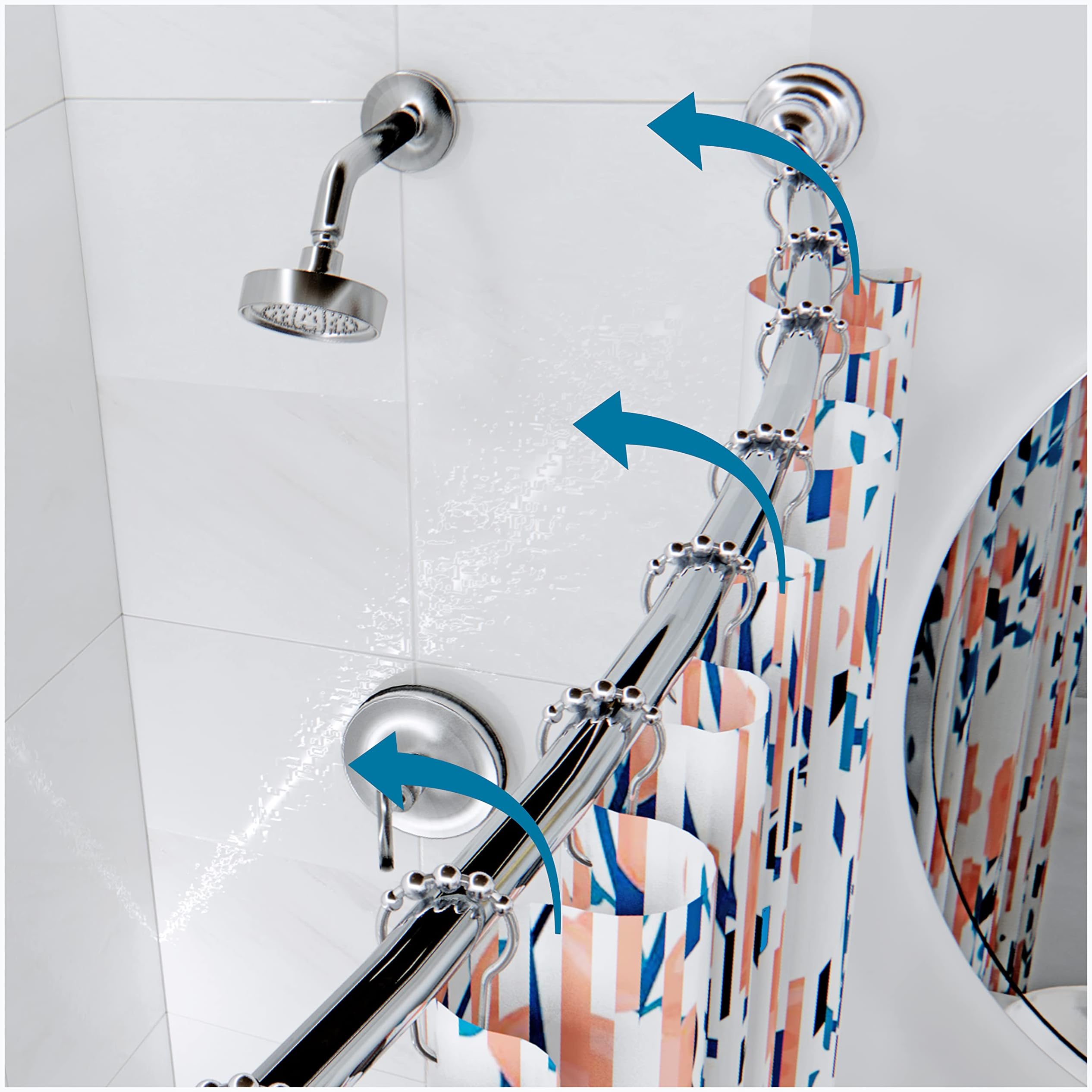 Rotating Curved Shower Curtain Rod Chrome - Flips In and Out GREAT for Small Bathrooms Curved Curtain Rod - No Rust Stainless Curved Shower Rods Fit Standard Tubs 58.5”- 60"