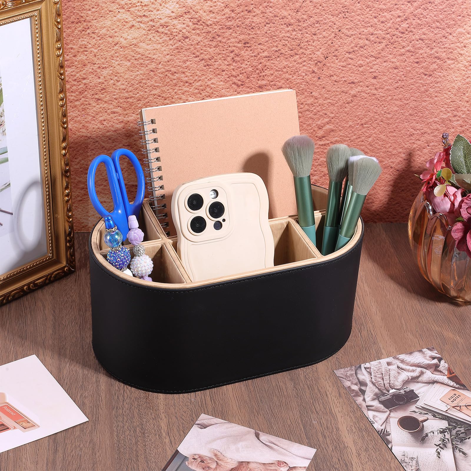 Organizer da scrivania ovale in pelle PU, con scomparti multipli, organizer per accessori, per telecomandi, penne, pennelli da trucco, ufficio, casa, scuola (nero)