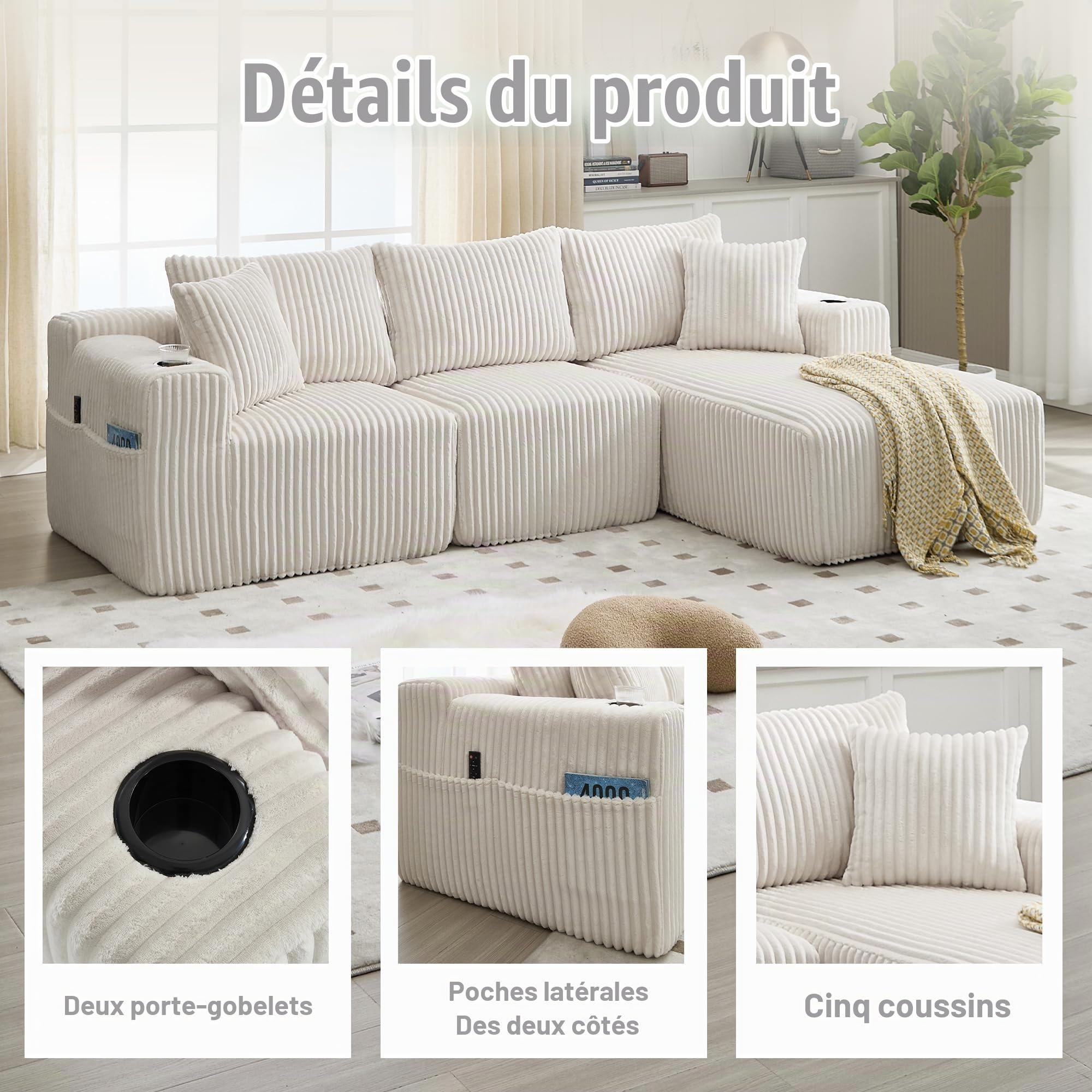 Sapgaks Canapé d'angle 3 Places en L avec Porte-Gobelets, Canapé Modulable en Velours Côtelé avec 5 Coussins et Accoudoirs, Canapé 3 Places avec Poches Latérales au Salon Appt, Beige