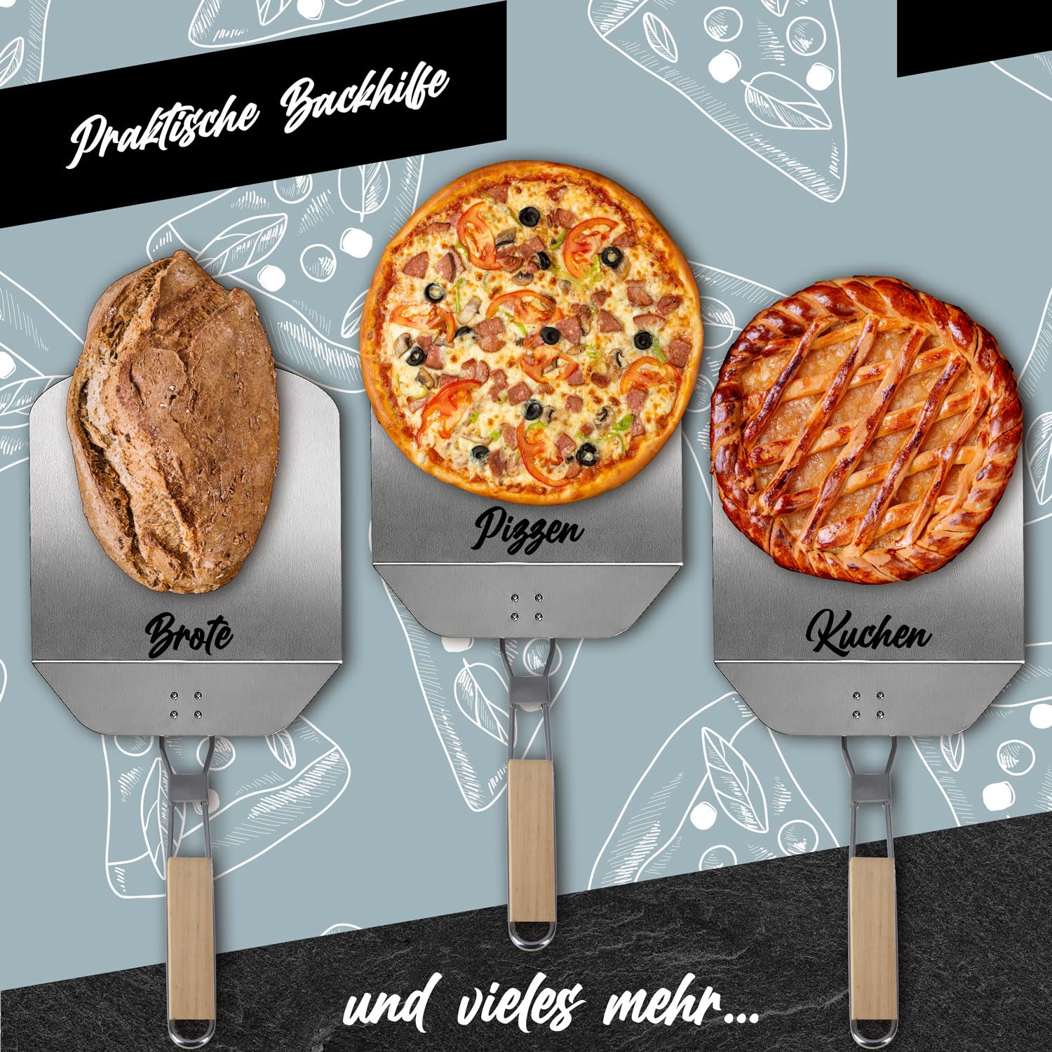 Profi Pizzaschaufel XXL, Aluminium Pizzaschieber Pizzaheber Brotback-Schieber platzsparendes Premium Modell Holz-Griff, eckiger Brotschieber Must-Have Zubehör für Pizzabäcker (Klappbarer Griff)