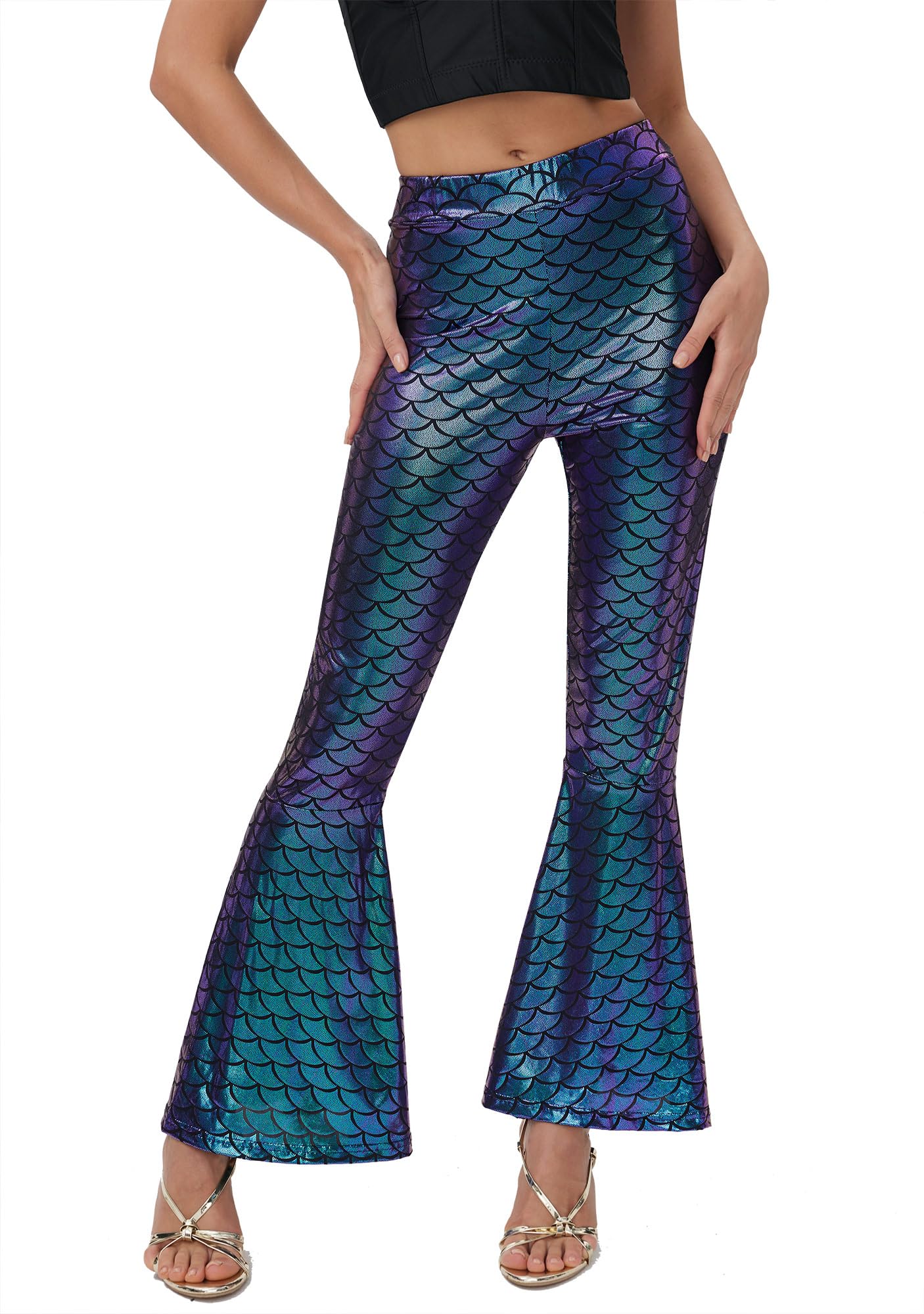 Women Halloween Costumes Fish Scales Sexy Tight Pants Shiny Bell Bottom Leggings Multi-Color L