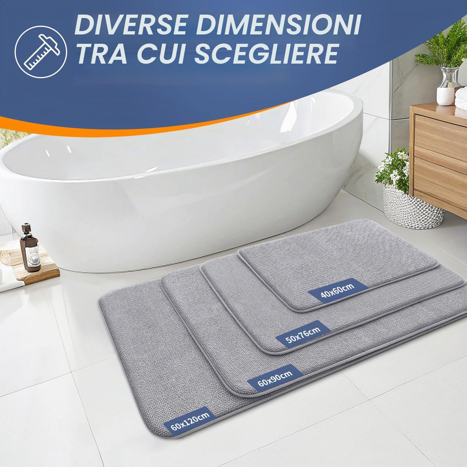 Homaxy Tappeto da bagno in memory foam, morbido, antiscivolo, lavabile, spesso, assorbente, per il bagno, 60 x 120 cm, grigio