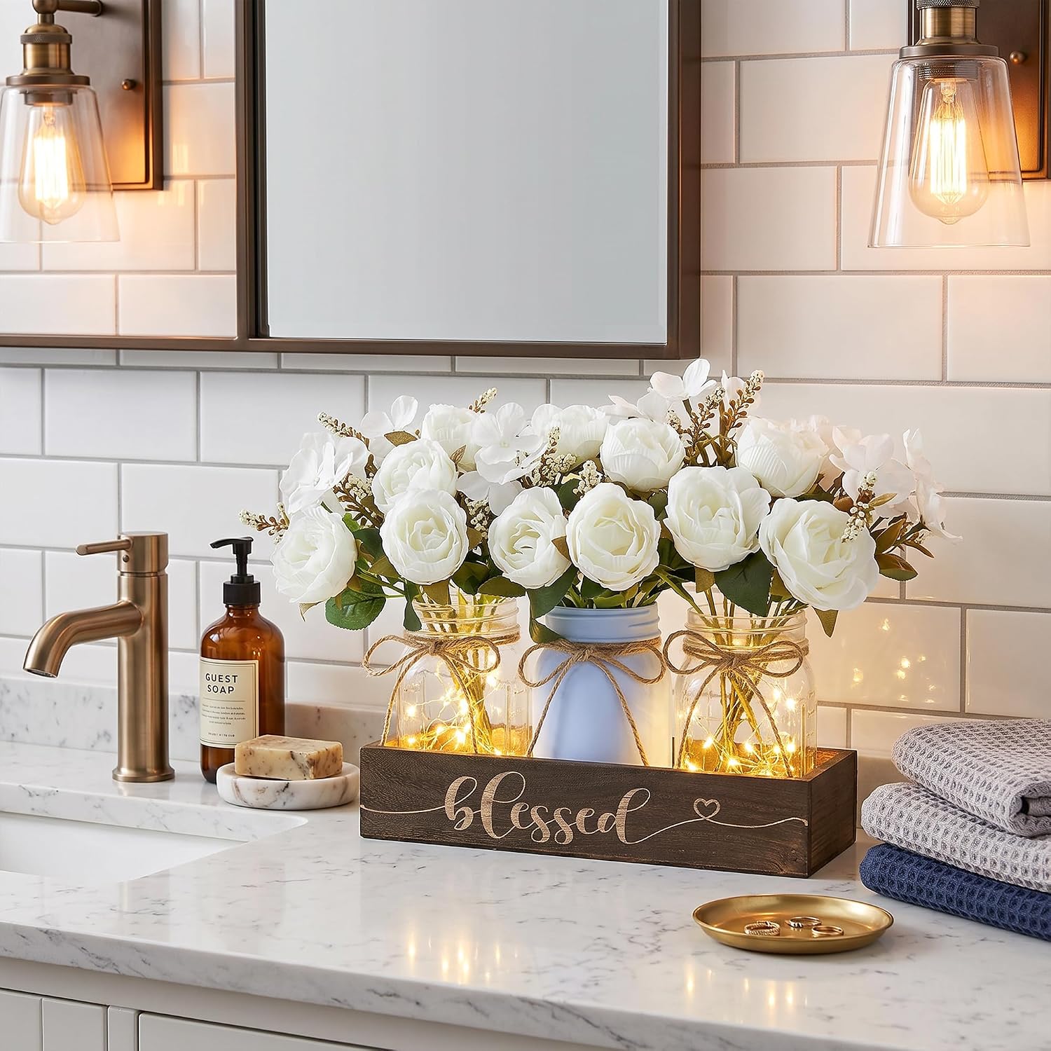 3 Pcs Mason Jar Centerpiece with Wood Tray & LED Light, Farmhouse Table Decor for Dining Room Kitchen Living Bathroom, Blue