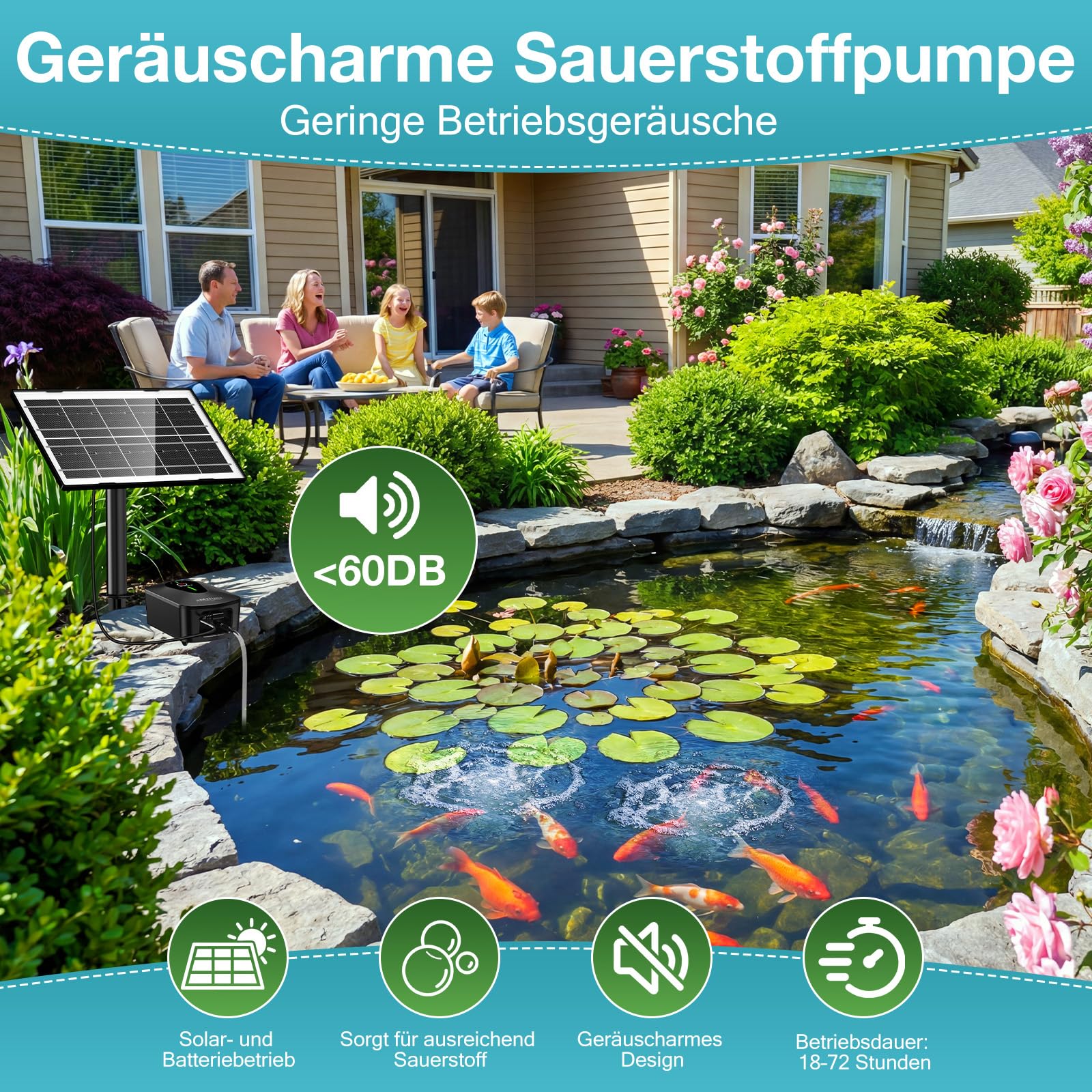 AMZtime Solar Sauerstoffpumpe für Gartenteich, 4.5 W Solar Teichbelüfter, Sauerstoffpumpe Oxygenator mit 2200 mAh Akku, Sauerstoff Luftpumpe 3 Modi 2 Luftsteine für Teich, Gartenteiche, Aquarium