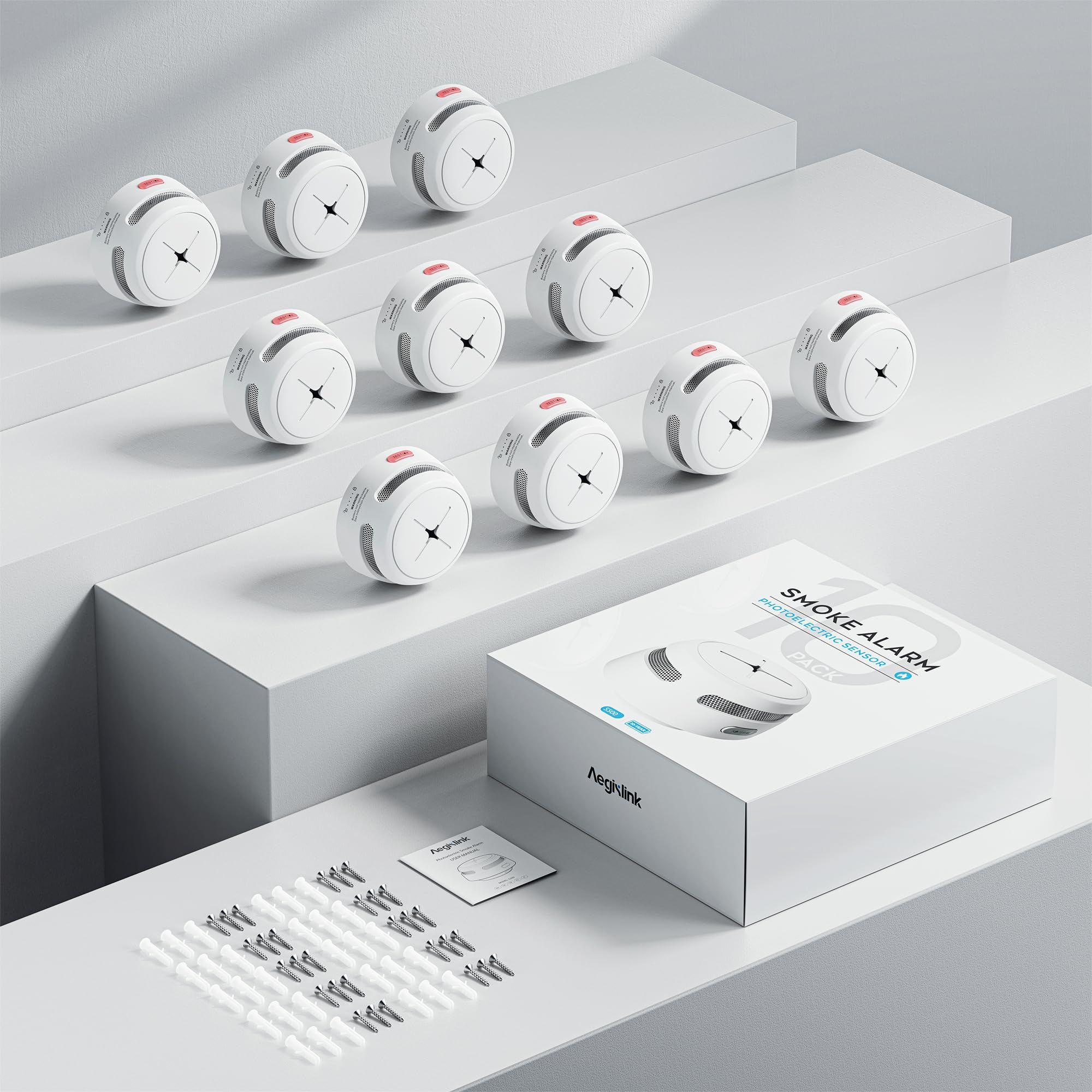 Rauchmelder 10er Set, AEGISLINK 10-Jahres Batterie Mini photoelektrischer Feuermelder, Brandmelder mit Test-/Stummschalt-Taste, Schwacher Batterie Warnung, S500 | Photoelektrischer Sensor; Test-/Stummschalttaste; Warnung bei niedrigem Batteriestand