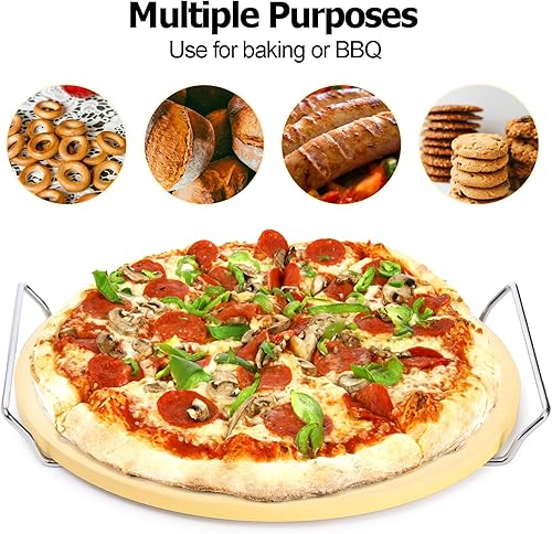 Miniatura 5 de ZENFUN Piedra redonda para pizza con cáscara de madera y estante de transporte de metal, piedra de pizza de 12 pulgadas para cocinar al horno,