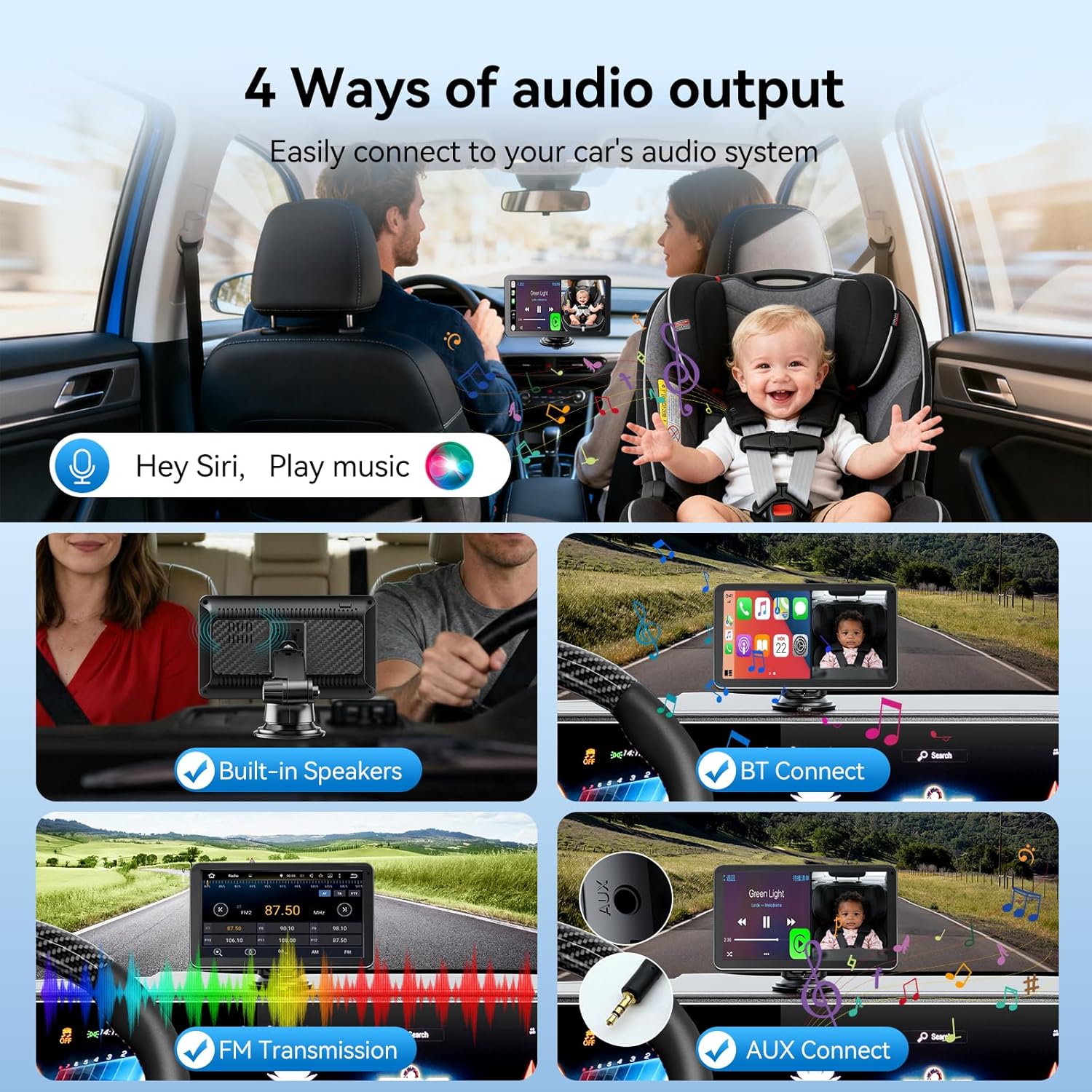 Baby Car Camera with 7" IPS Touchscreen, CarPlay & Android Auto Compatible, 1080P AHD Baby Car Monitor, IR Night Vision,360° Rotation Live Rear-Seat View, Alternative to Rear-Facing Baby Mirrors