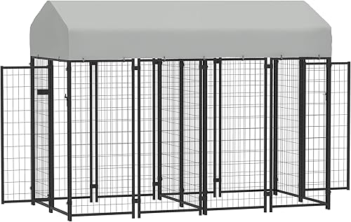 PawHut Perrera para perros al aire libre con 2 habitaciones, 8 x 4 x 6 pies de alambre soldado resistente con cerradura a prueba de escape,