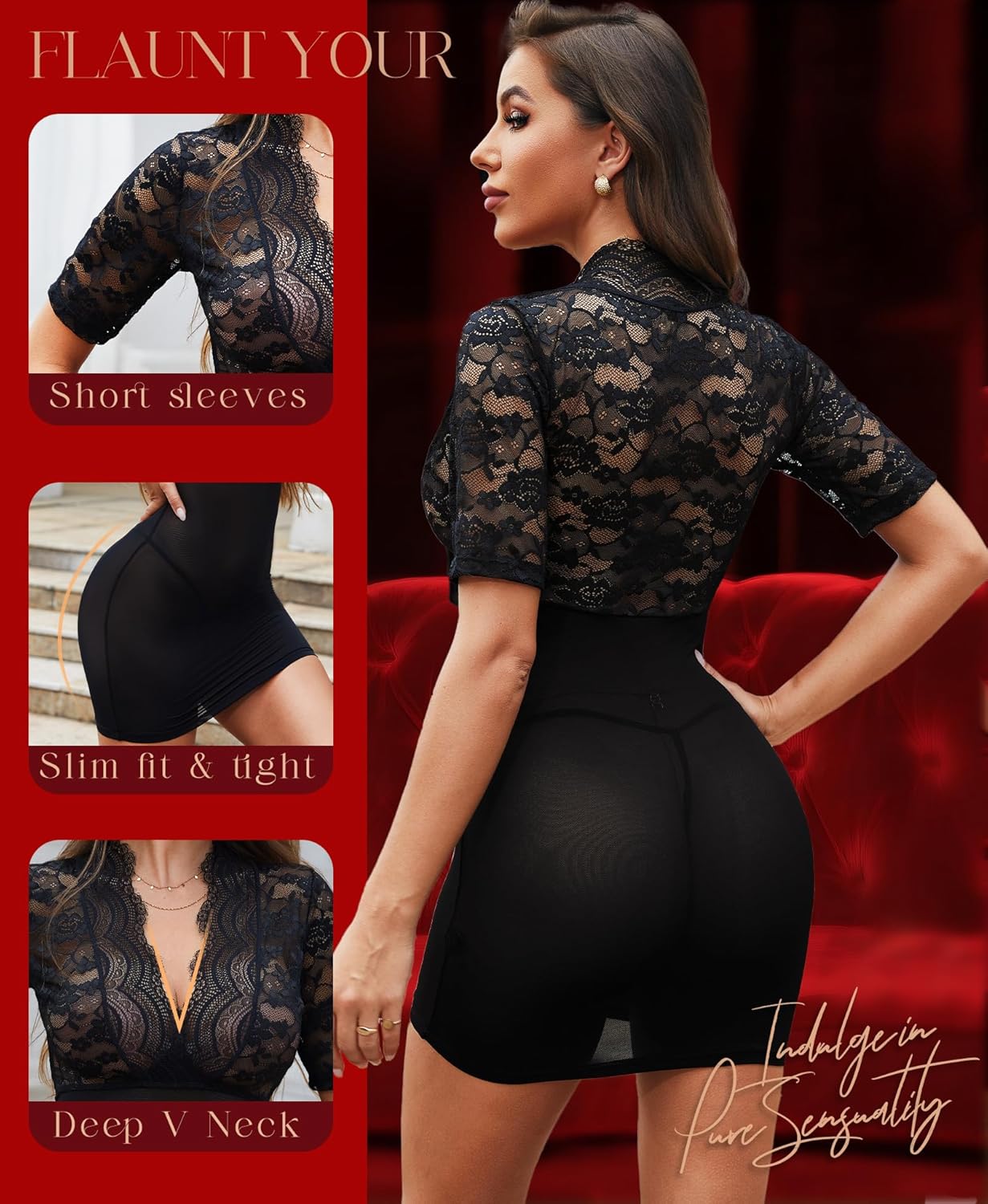 RSLOVE Sexy Lingerie Babydoll Outfits - Women V Neck Corset 2 Piece Nightwear Lace Sheer Mesh Chemise with Thong - Image 3