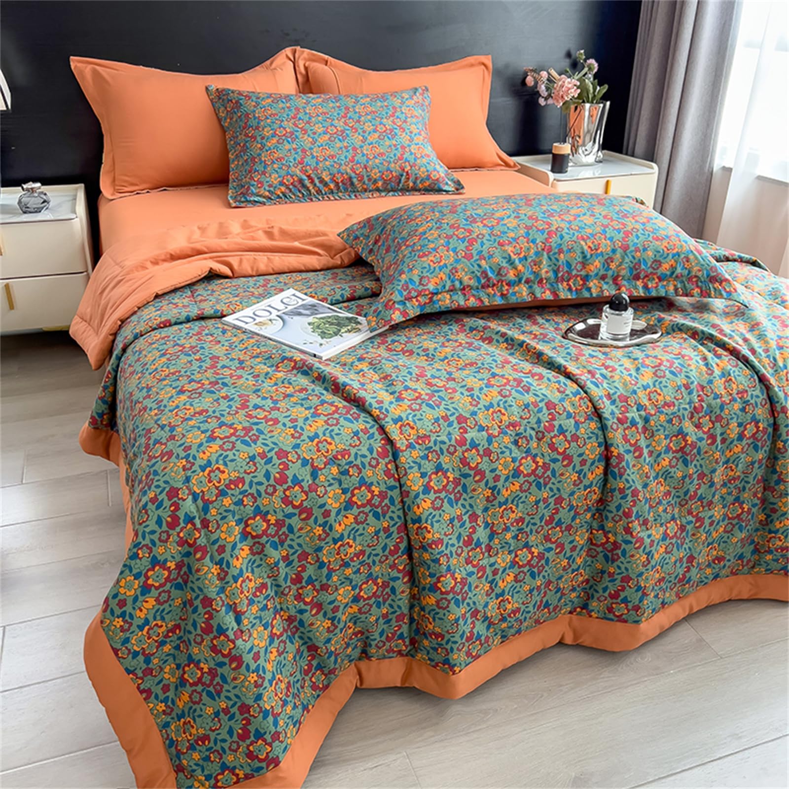 Highdi Summer Floral Print Reversible Bed Throws Quilted Bedspreads,Lightweight Patchwork Quilt Comforter Single Double,Cotton Throw Summer Quilt,Quilted Blanket All Seasons (Orange,200x230cm)