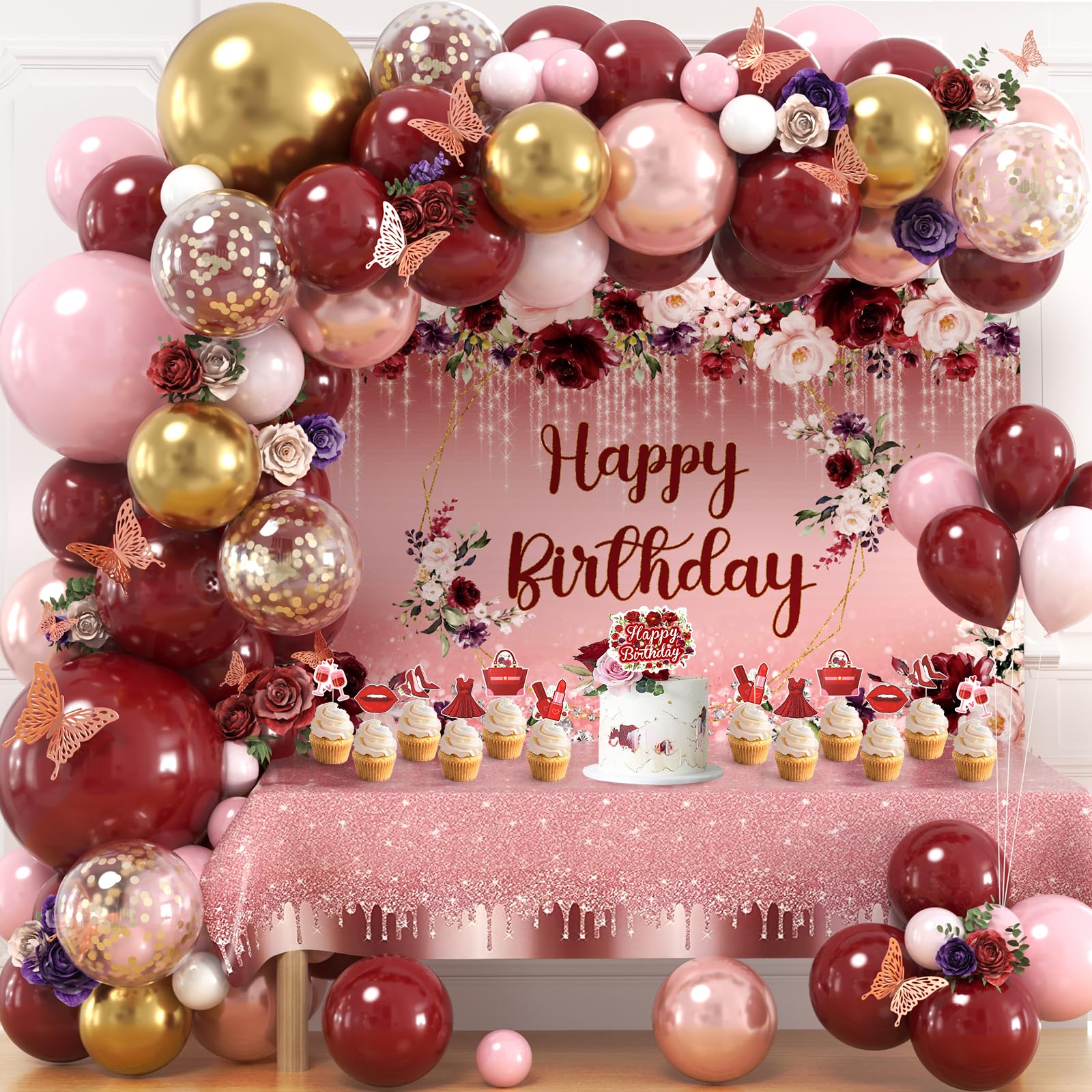 167Pcs Happy Birthday Decorations for Women with Butterfly Sticker Cupcake Toppers, Burgundy Balloon Arch Kit Maroon Rose Gold Balloons Backdrop