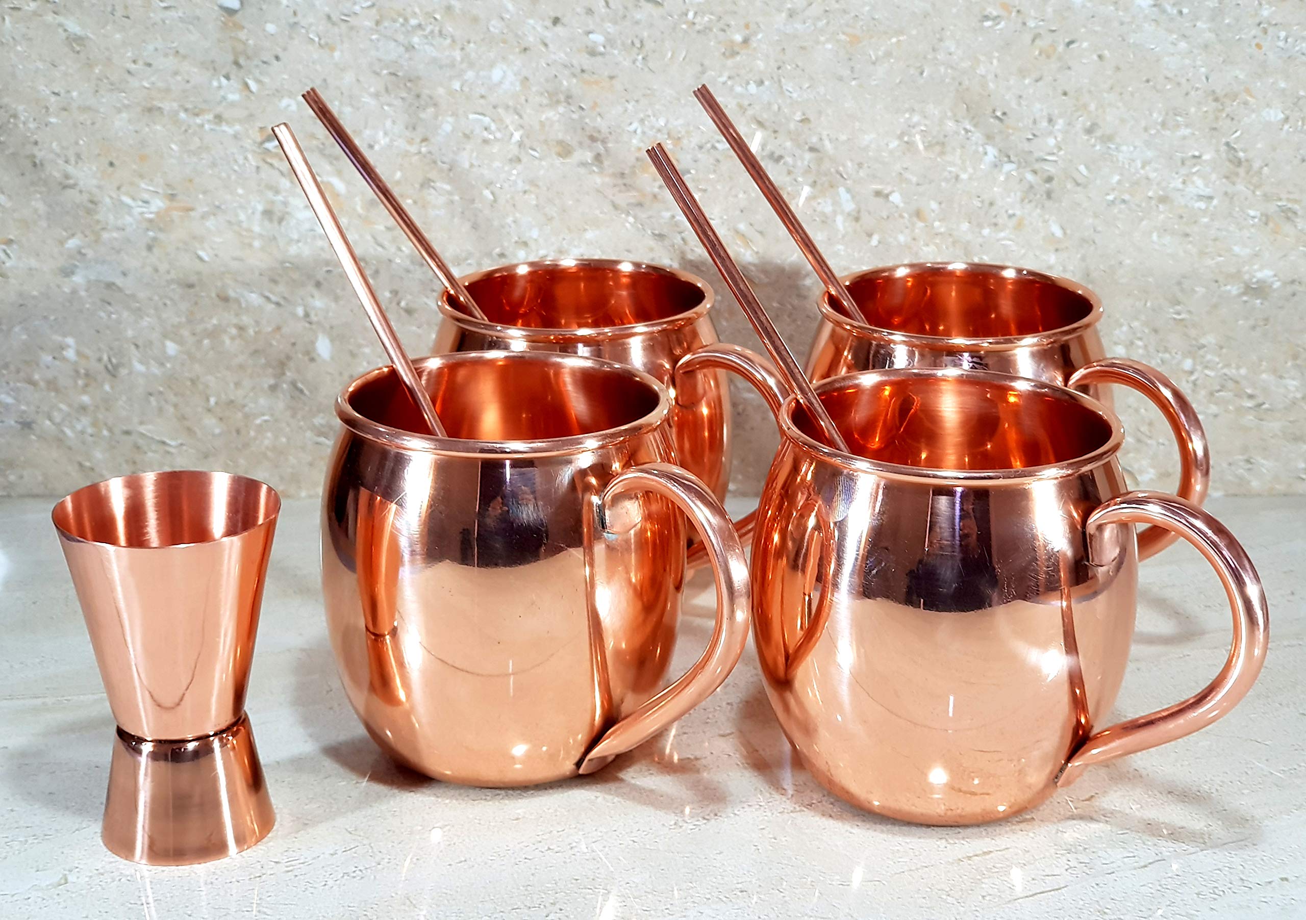 eSplanade Moscow Mule Cocktail Copper Mugs - Set of 4 Mugs, 4 Copper Straws, and a Peg Measurer (MOSCOW MULES PLAIN WITH HANDLE)