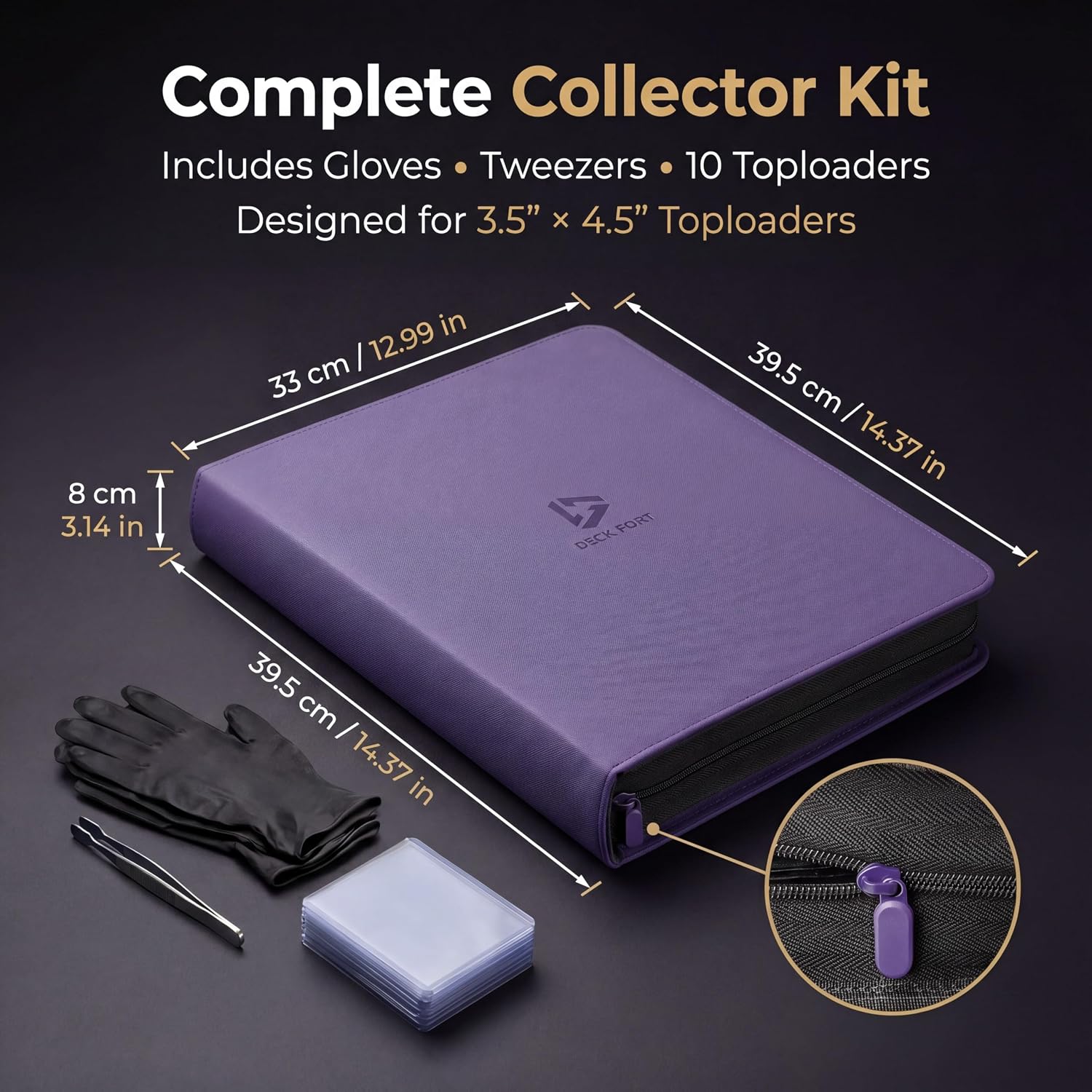 Toploader Binder 9 Pocket Holds 360 Toploaders - Collector Kit Gloves, Tweezers & Gift Box - Holder for 3x4 Top Loaders - Mesh Pocket Storage Album for TCG & Sports Cards - Purple