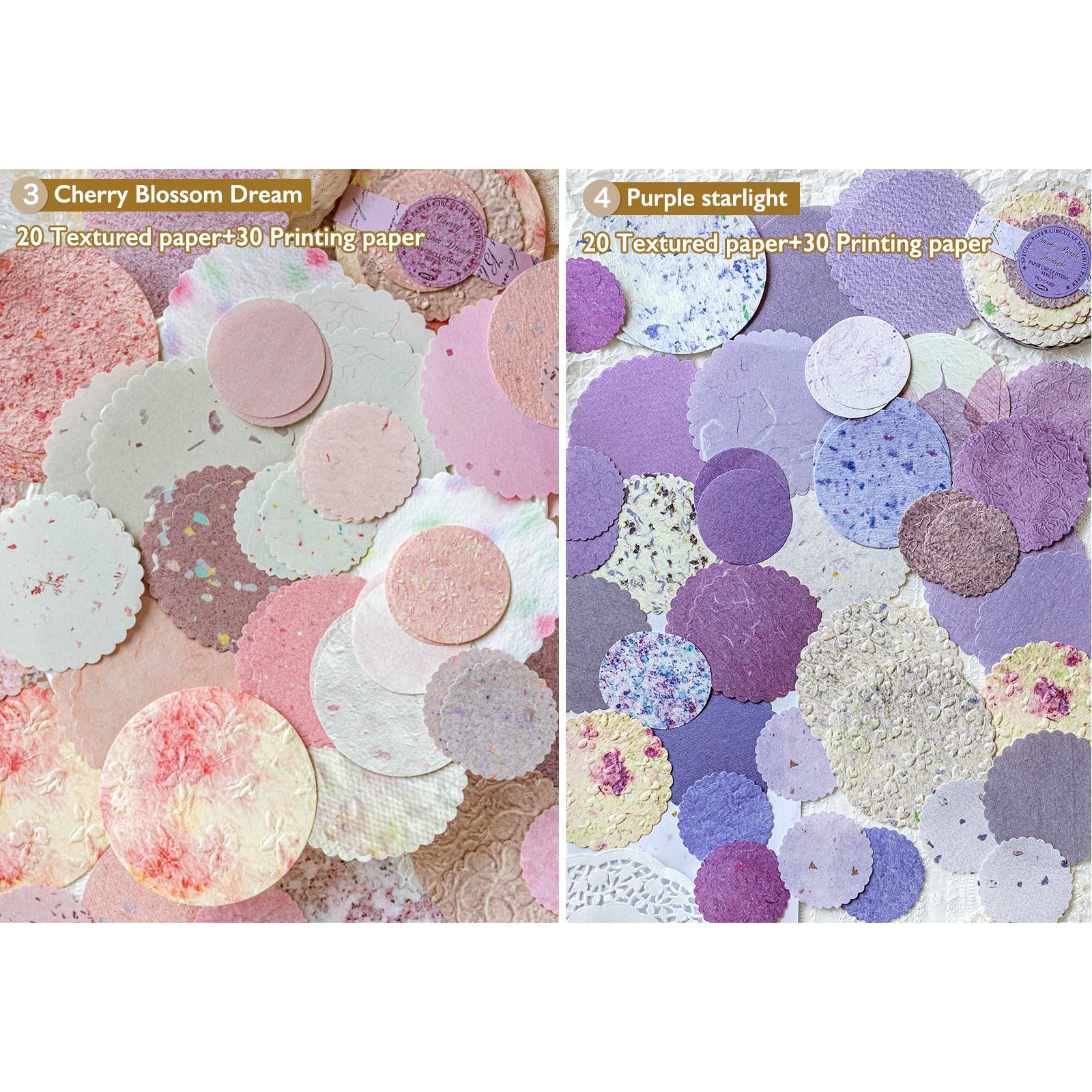 300 Stück rundes Scrapbook-Papier – 6 Stück, geprägtes, strukturiertes und bedrucktes Reispapier, Spitzenrand, verschiedene spezielle Karten, Mischung für Scrapbooking, Junk, Journaling, Zubehör