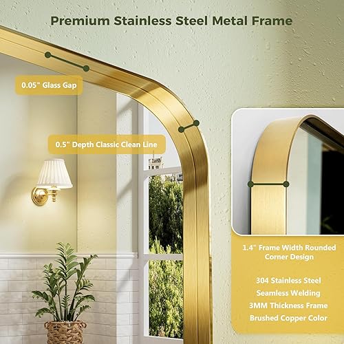 Miniatura 4 de Espejo de baño dorado de 22 x 30 pulgadas, espejo de pared dorado con marco de metal cepillado, espejo rectangular grande y redondeado para baño,