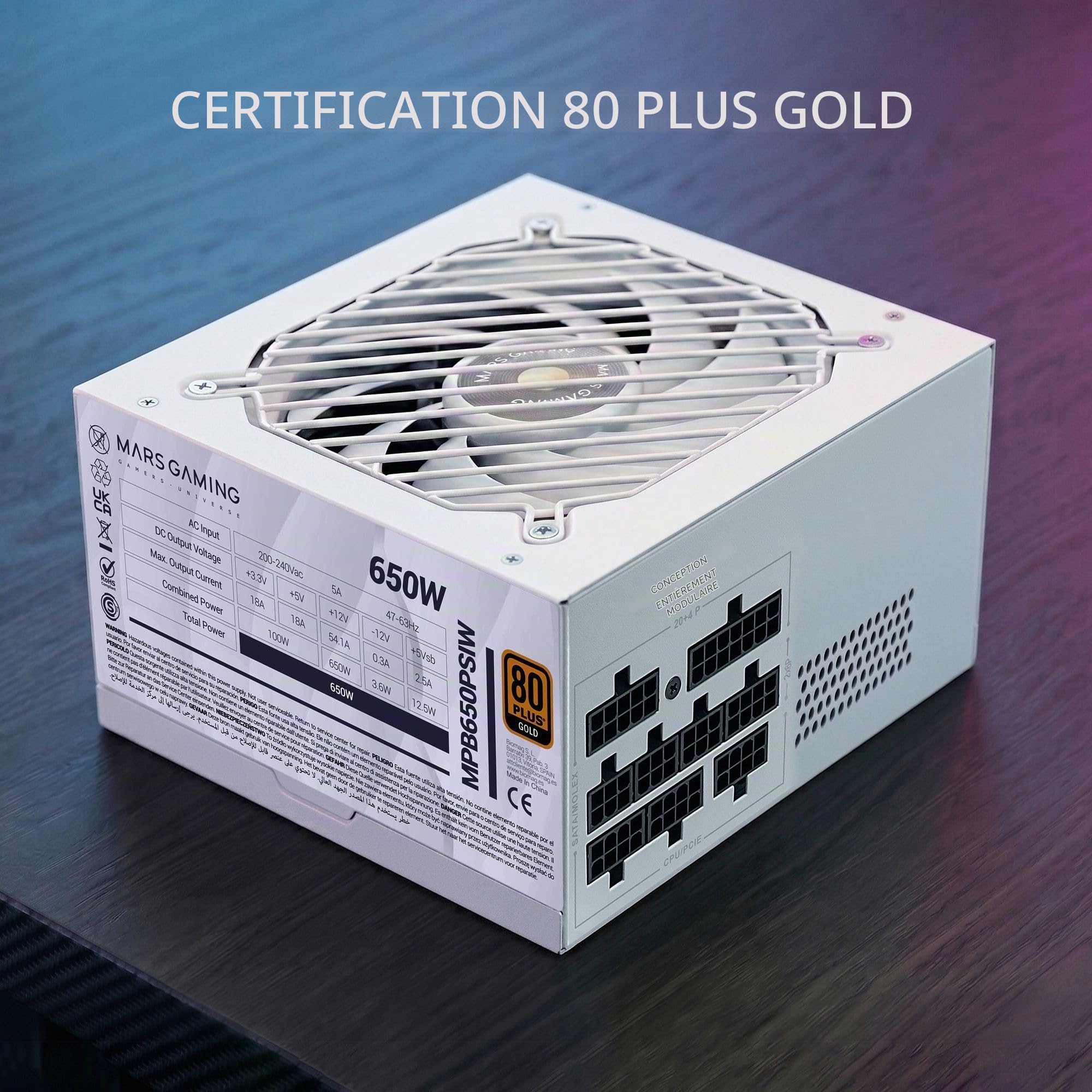 Mars Gaming MPB650PSI, Alimentation PC Full Modulaire 650W, Garantie 10 Ans, 80Plus Gold 90%, Ventilateur SI Extreme Silence, Technologies AI2-RPM, DC-DC et SMD, ATX 3.1 et PCIe 5.1, Blanc