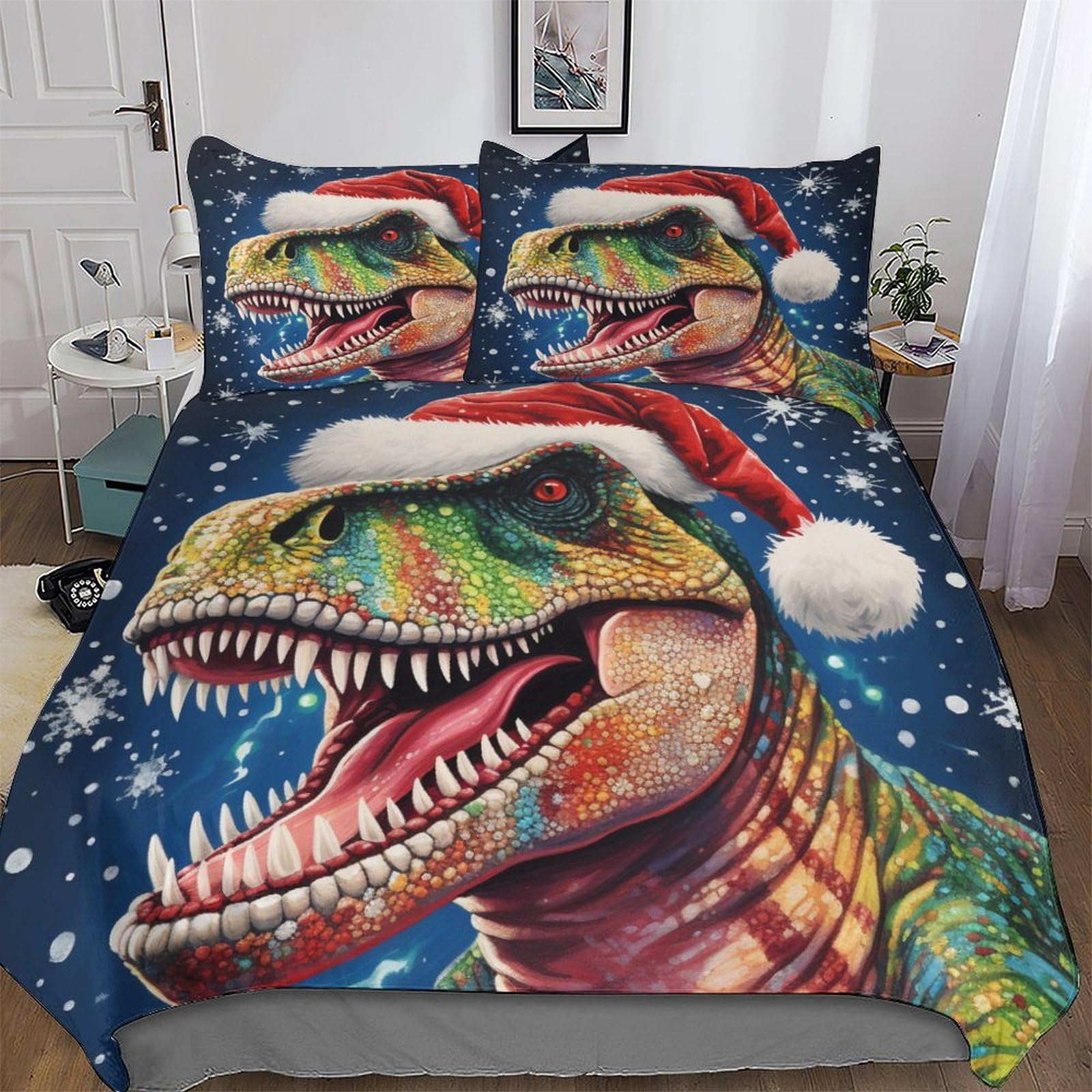 Christmas Dinosaur Comforter Cover Set Microfibre Bedding Set Duvet Cover with Pillowcases Soft Quilt Cover 3 Pcs For Boys Girls Double (200x200cm)