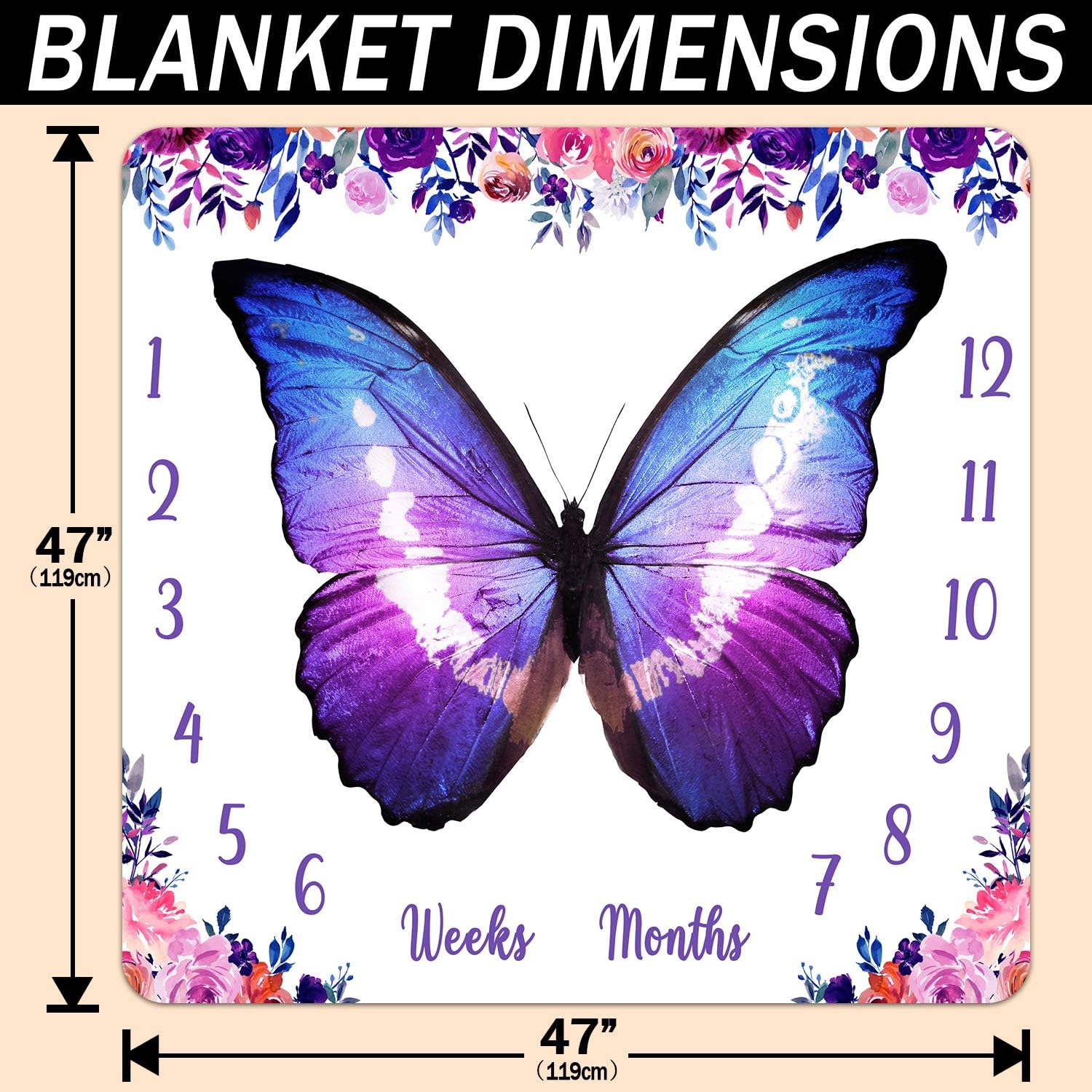 Baby Monthly Milestone Blanket, Colorful Butterfly Wings Watercolor Flowers Blanket for Nursery, Unisex for Newborn 1-12 Months, Includes 4 Frame and 1 Headband 47"x47" BTLSPH442