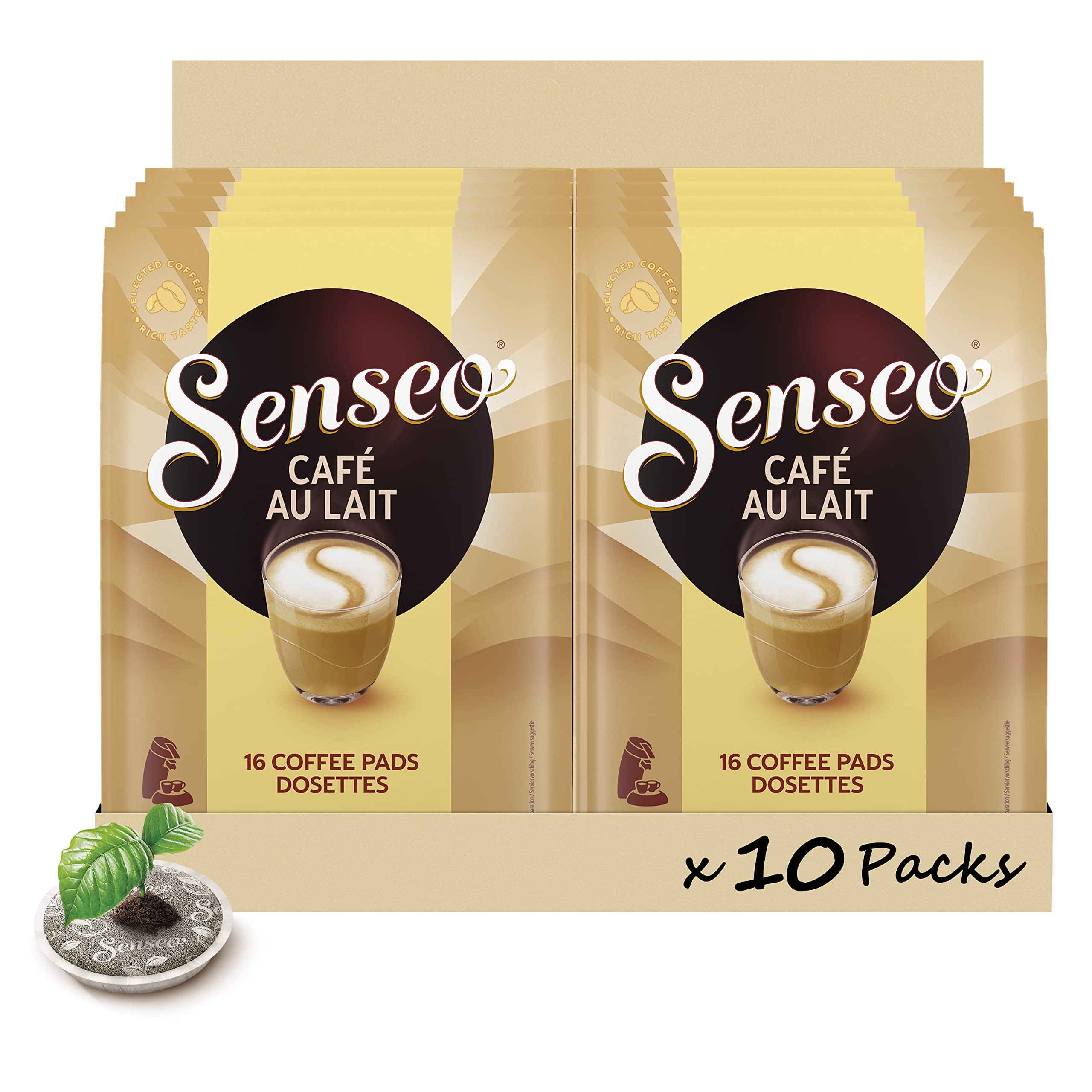 Senseo Café au lait 160 dosettes café | Lot de 10 x 16 dosettes - Intense et crémeux