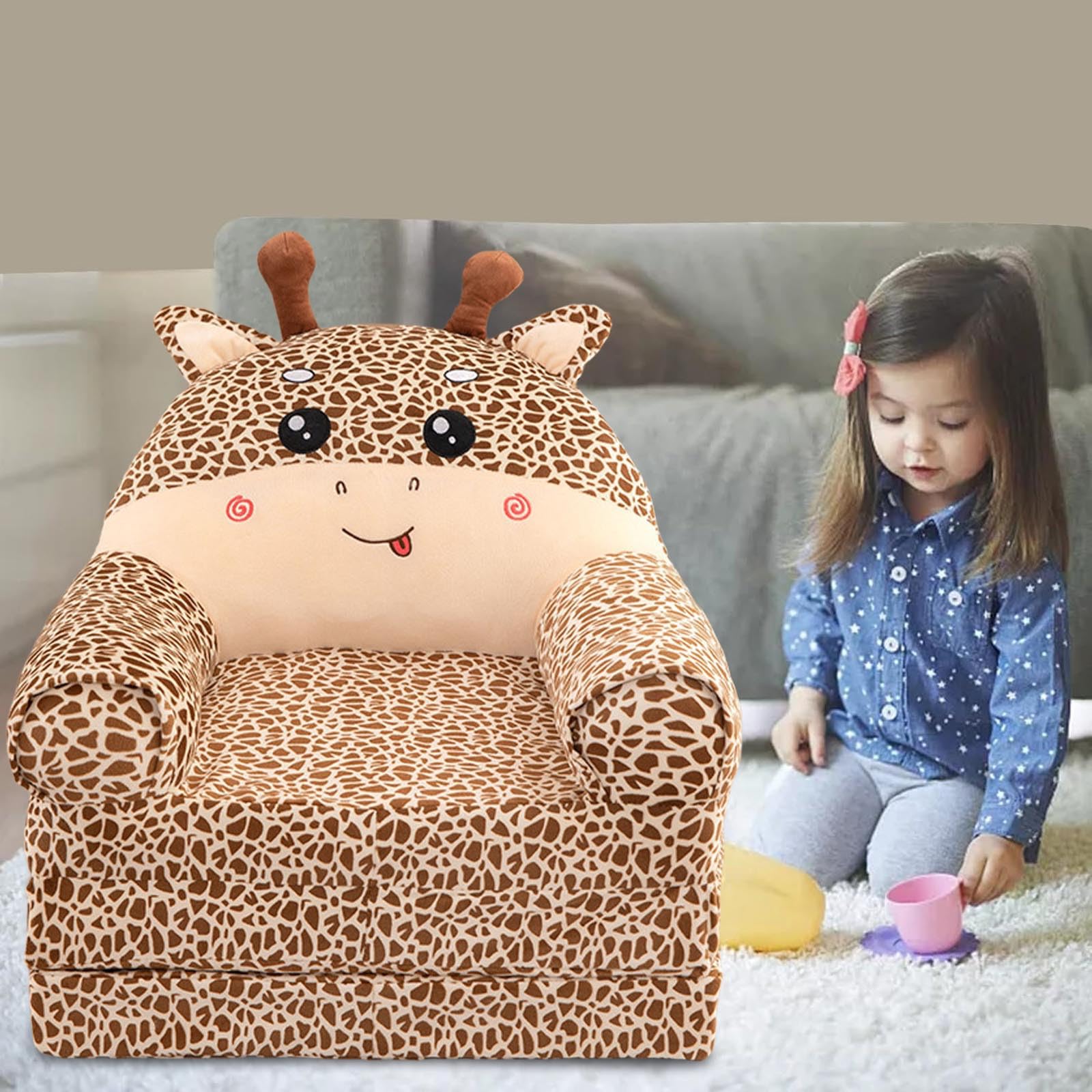 Sofá plegable para niños, sillón reclinable, sofá plegable 2 en 1 para niños, bonito sofá de dibujos animados sin relleno ni núcleo acolchado (caqui, 120 x 55 x 20 cm)