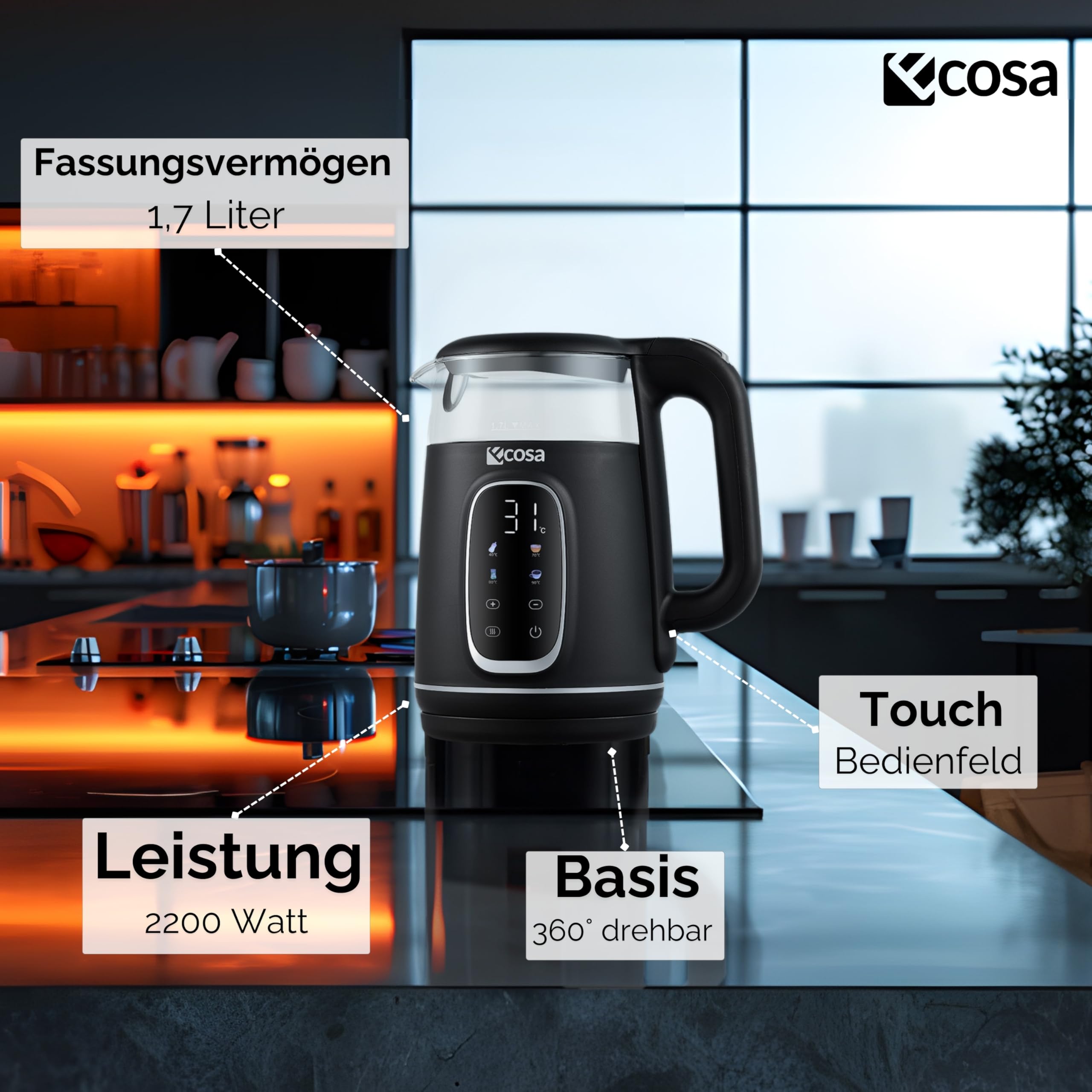 Ecosa® Wasserkocher mit Temperatureinstellung Glas Edelstahl - Teekocher - 1,7 Liter 2.200 Watt - BPA Frei mit Temperaturwahl 40°C-100°C - Warmhaltefunktion LED Beleuchtung (Black Pearl)