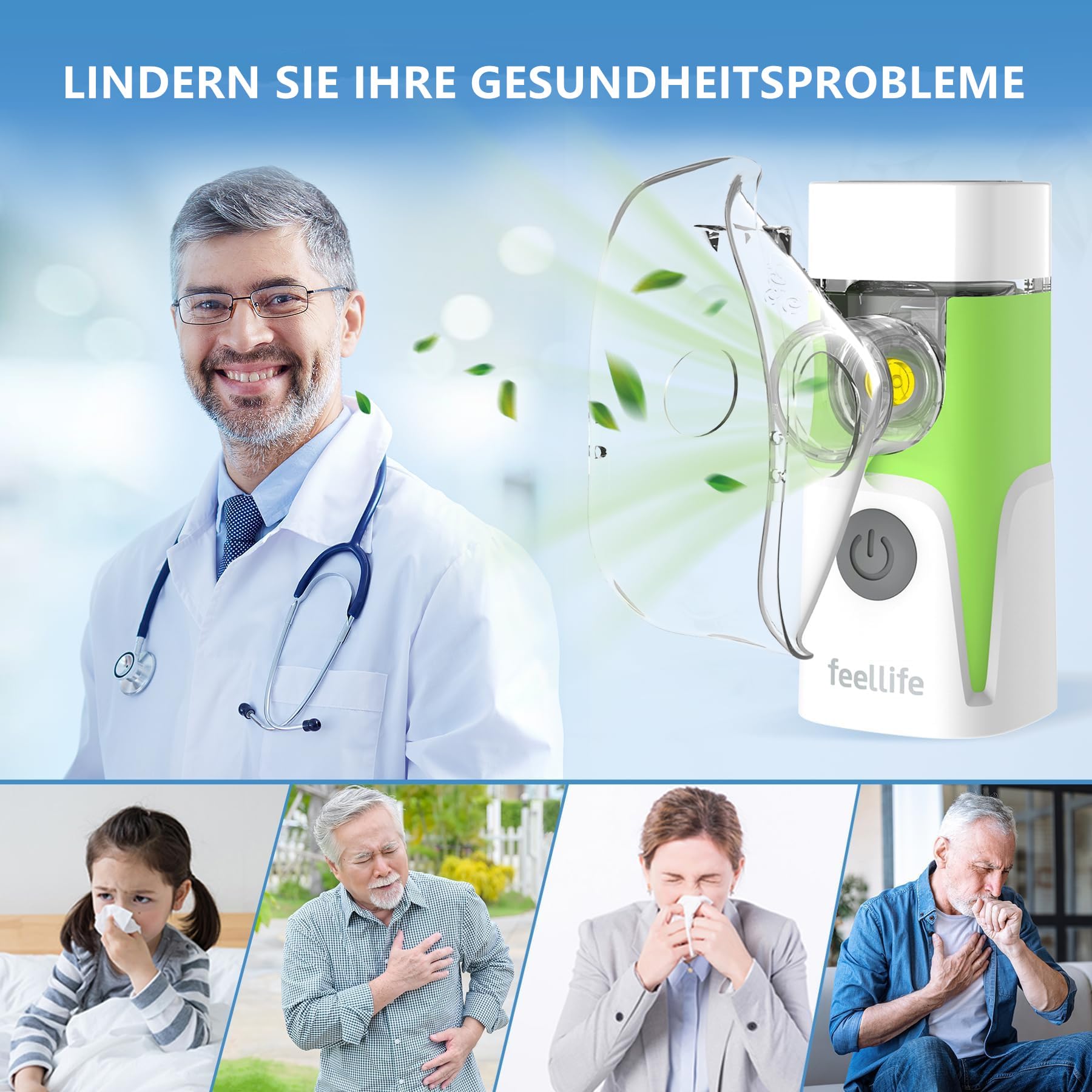 FEELLIFE Inhaliergeräte für Erwachsene, Inhalationsgerät, Vernebler Inhaliergerät, Inhalator Inhaliergerät Erwachsene Baby Kinder Deutscher KI-Chip Leiser Zerstäuber Airpro Go (Grün)